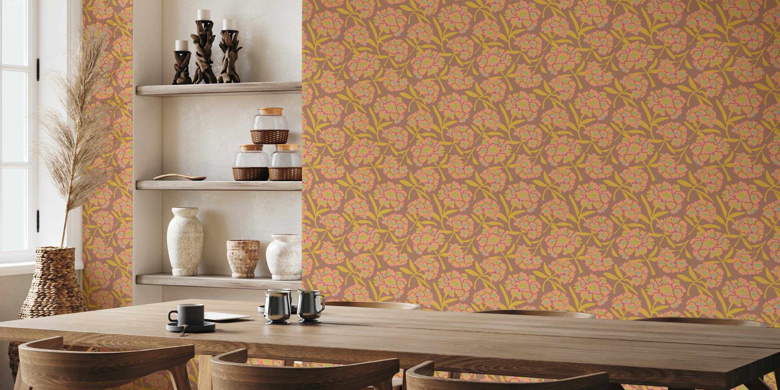 Rhododendrons Floral Mocha Mousse Yellow papier peint dans la pièce