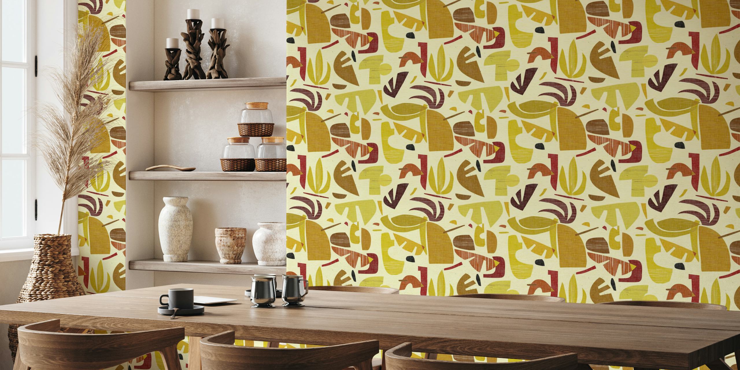 Colorful abstract tropical leaf pattern in earthy tones wallpaper