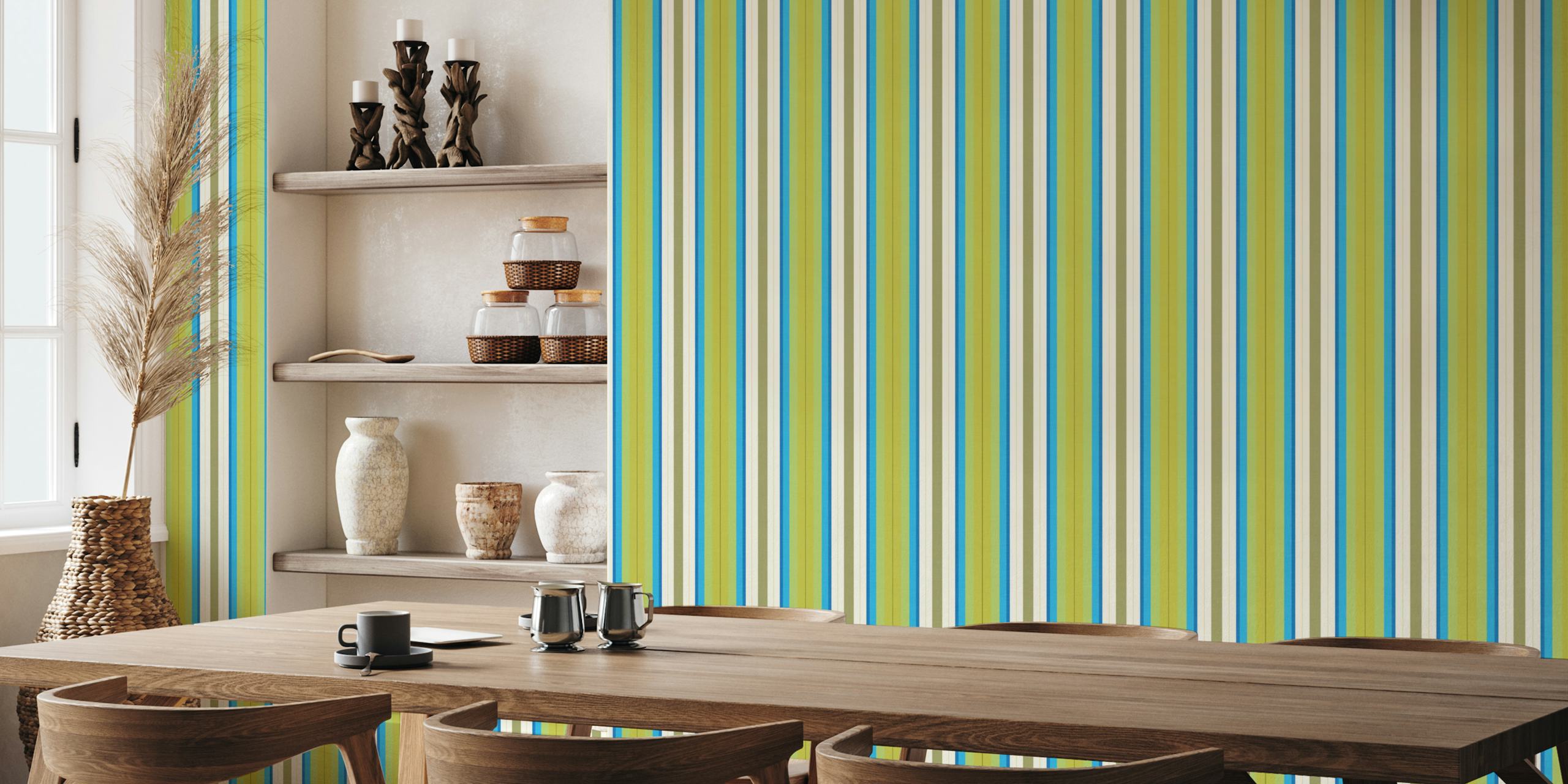 Colorful striped wallpaper in green, blue, and white