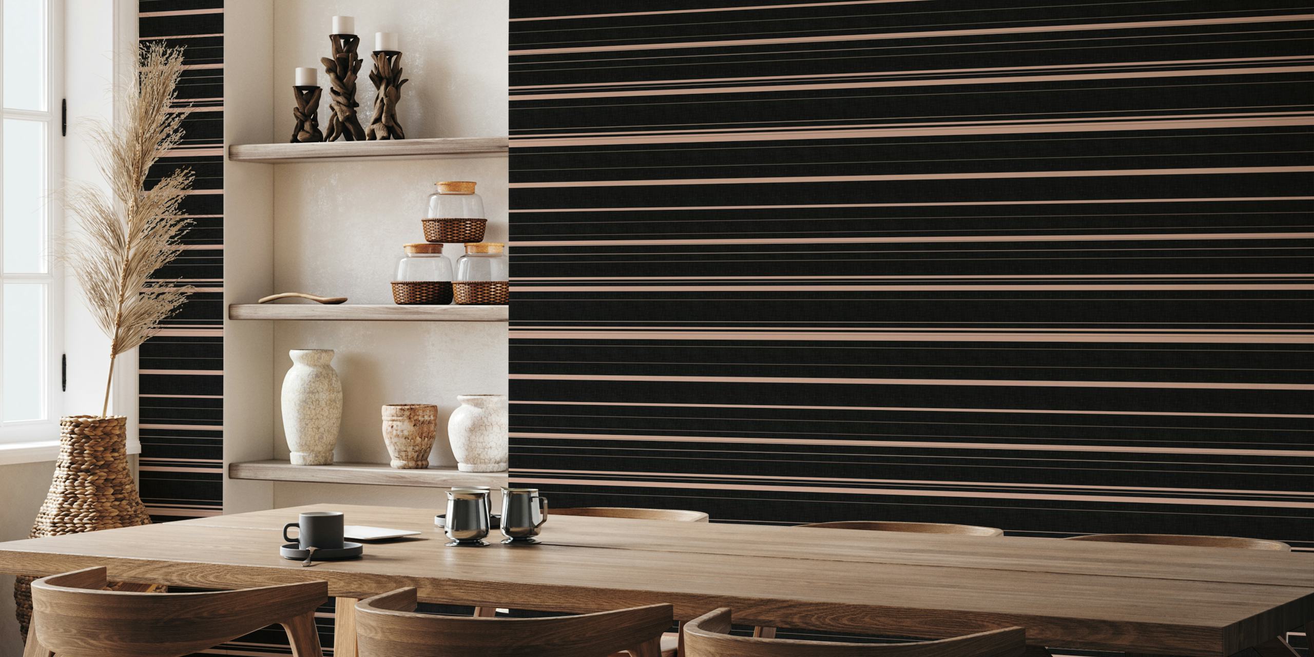 Horizontal stripes in black and blush color wallpaper