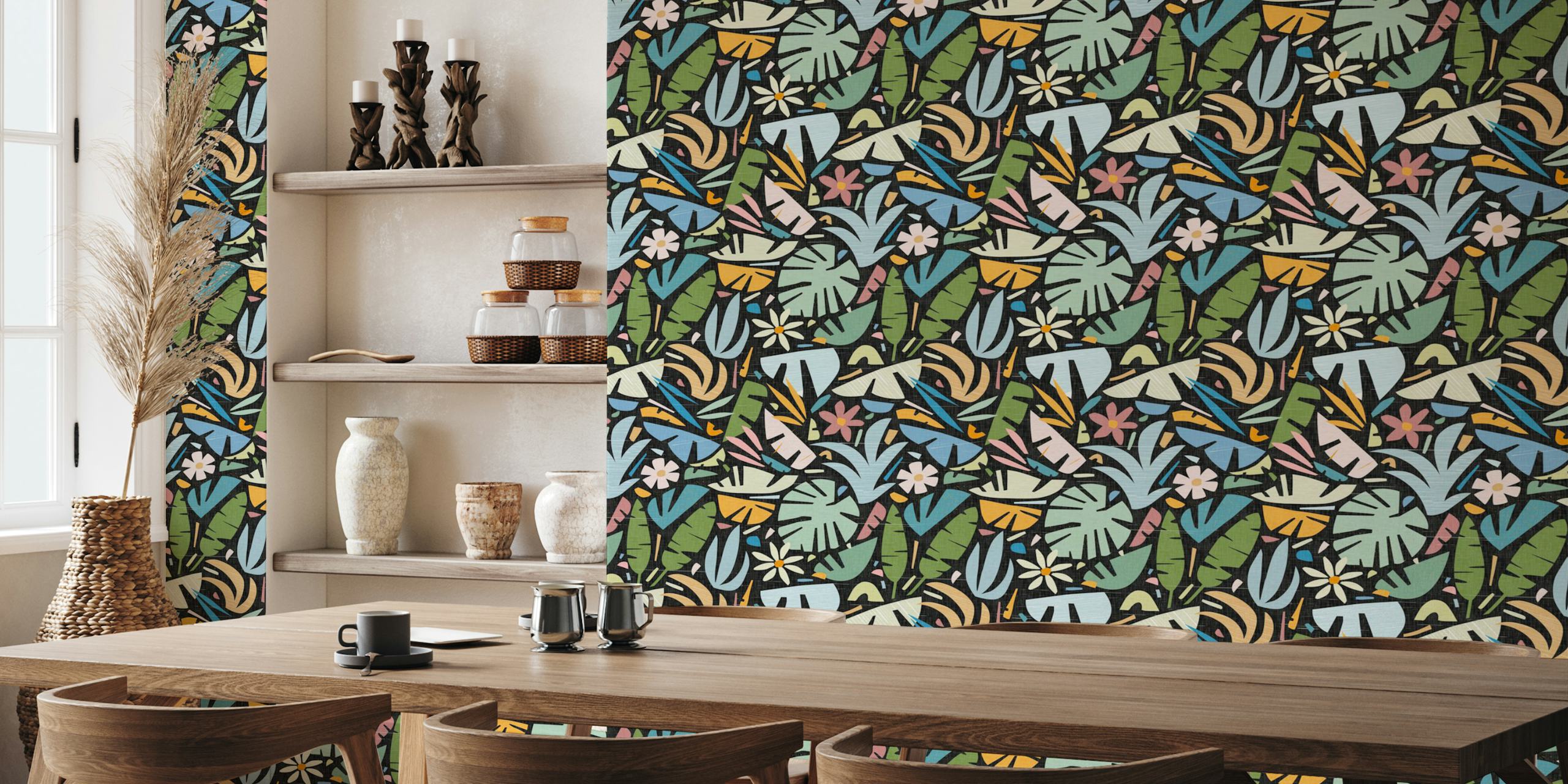 Tropical leaves and flowers in pastel colors on a black background wallpaper