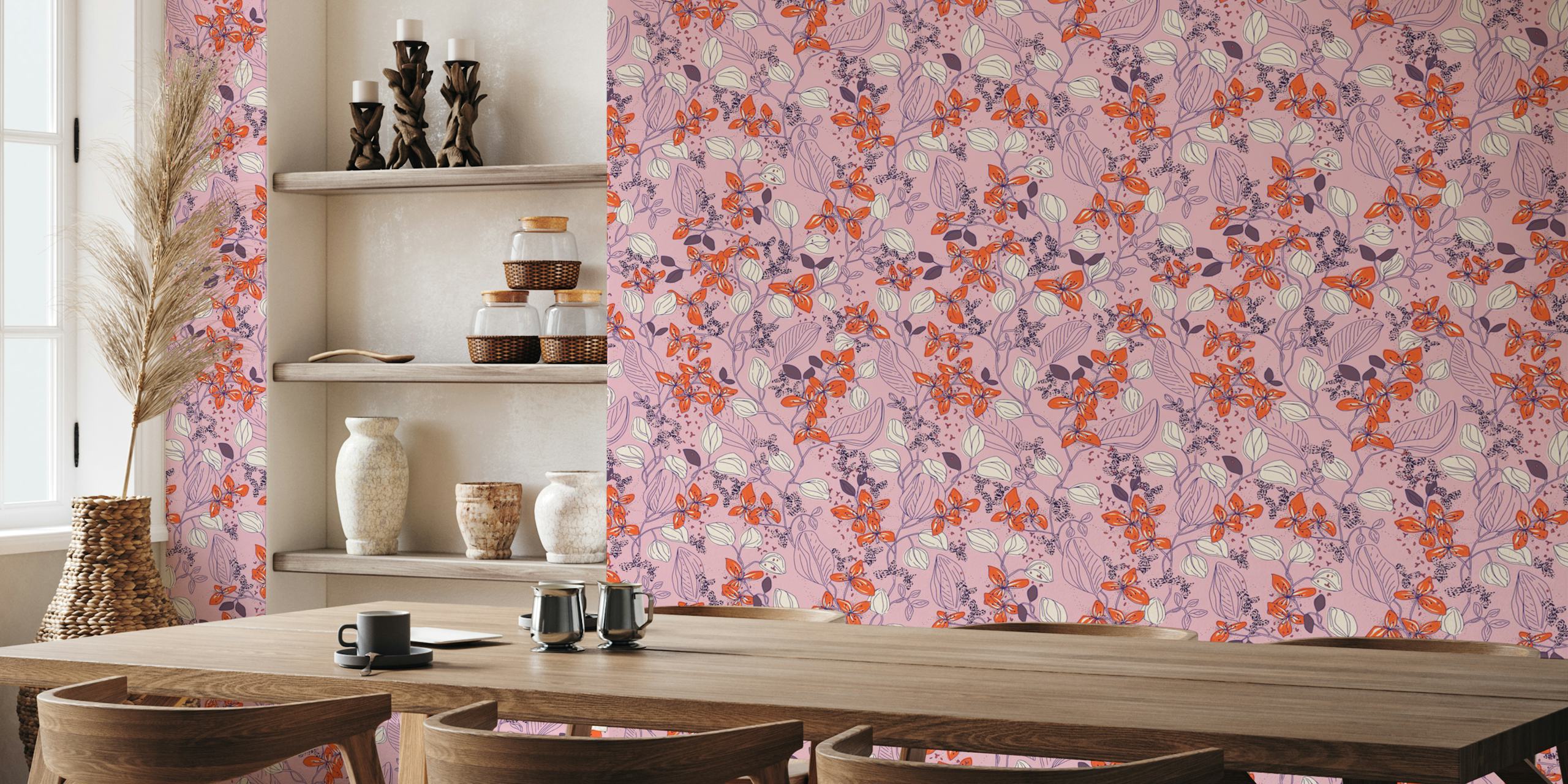 Floral elegance lilac and red orange carta da parati in una stanza