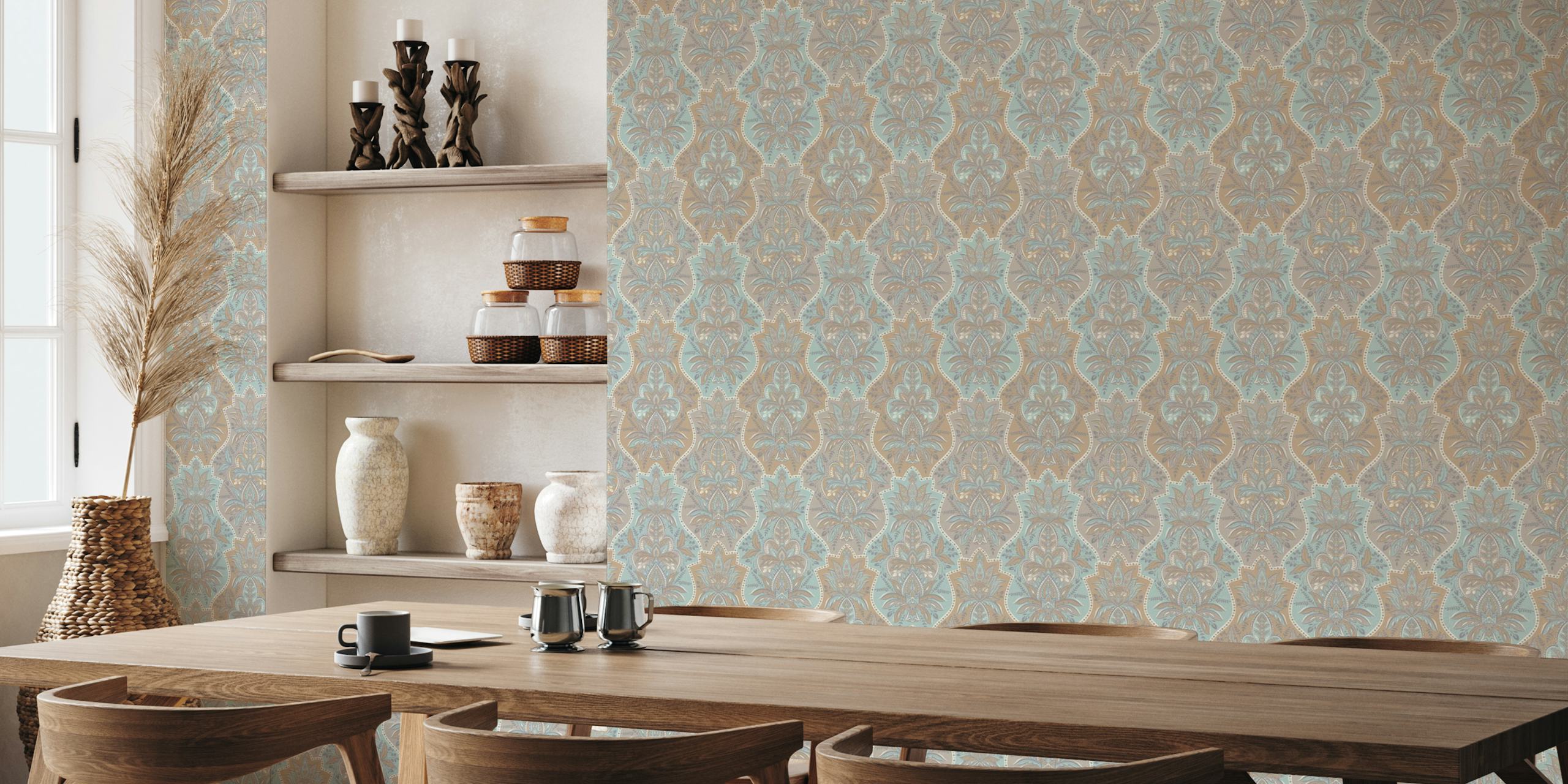 Vintage botanical tapestry wallpaper em um quarto