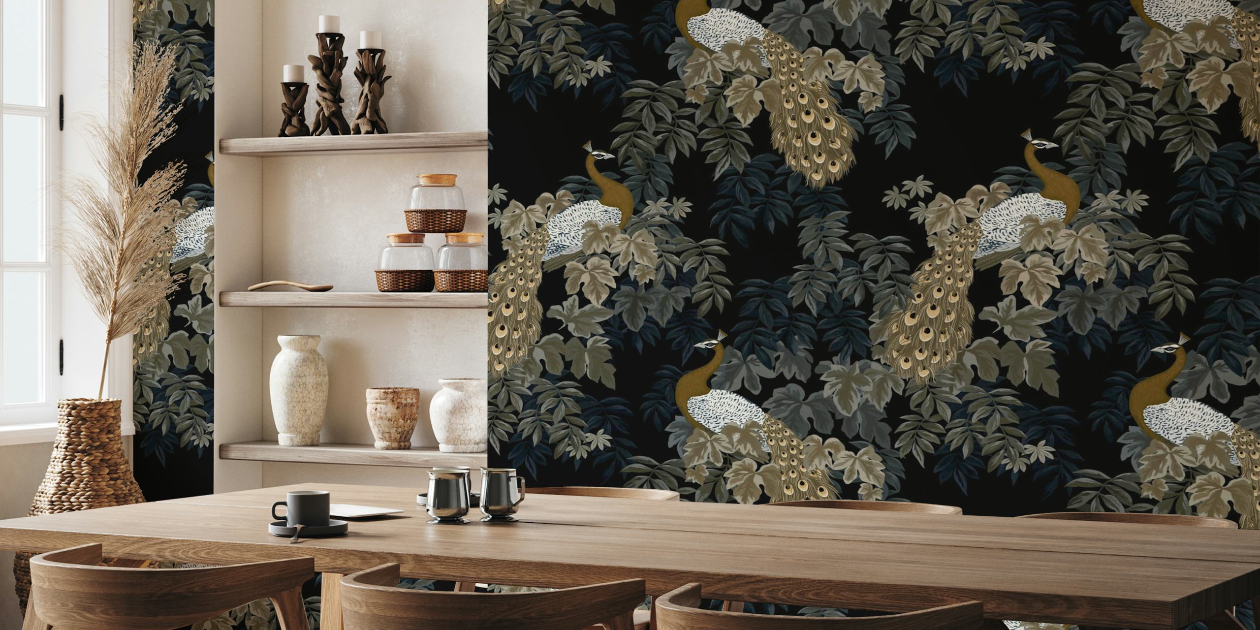 Peacocks and leaves in black and burnt sienna wallpaper