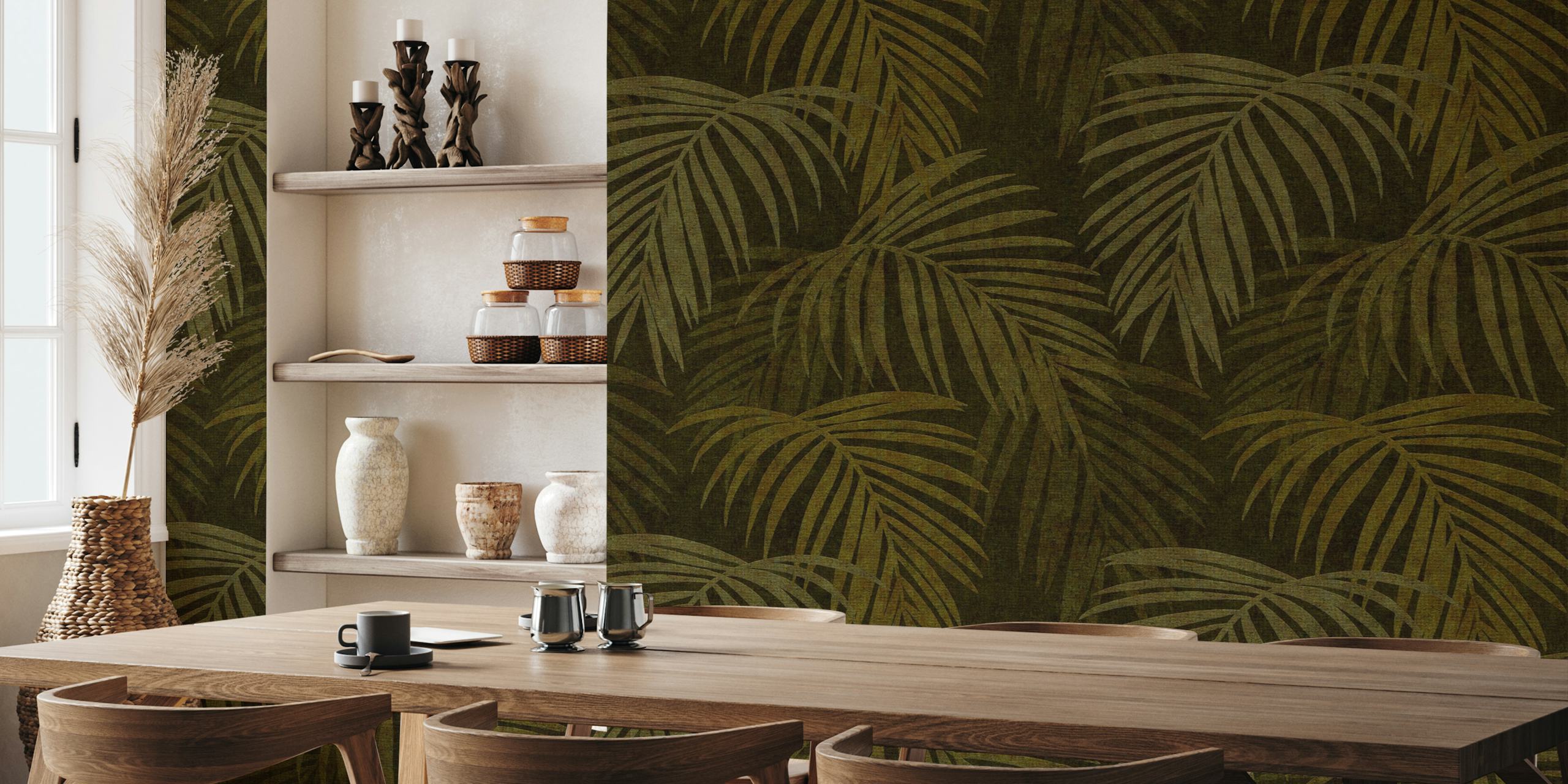 Tropical palm leaves in golden brown shades wallpaper
