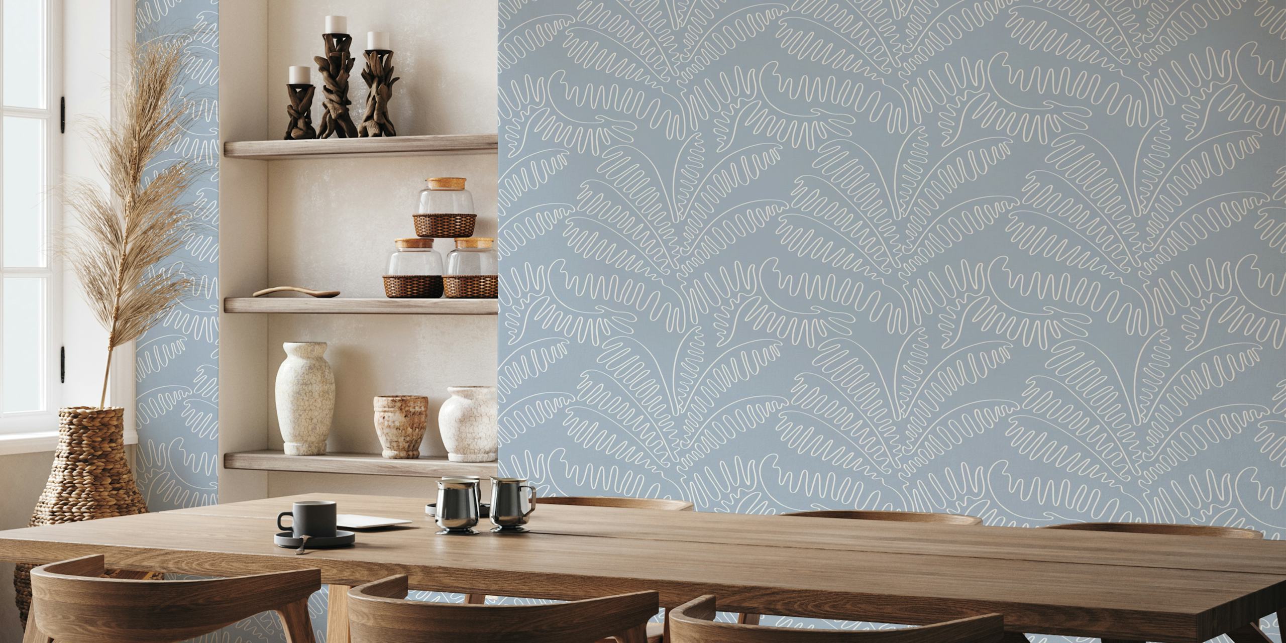 Line art palm leaves pattern in light pigeon blue wallpaper