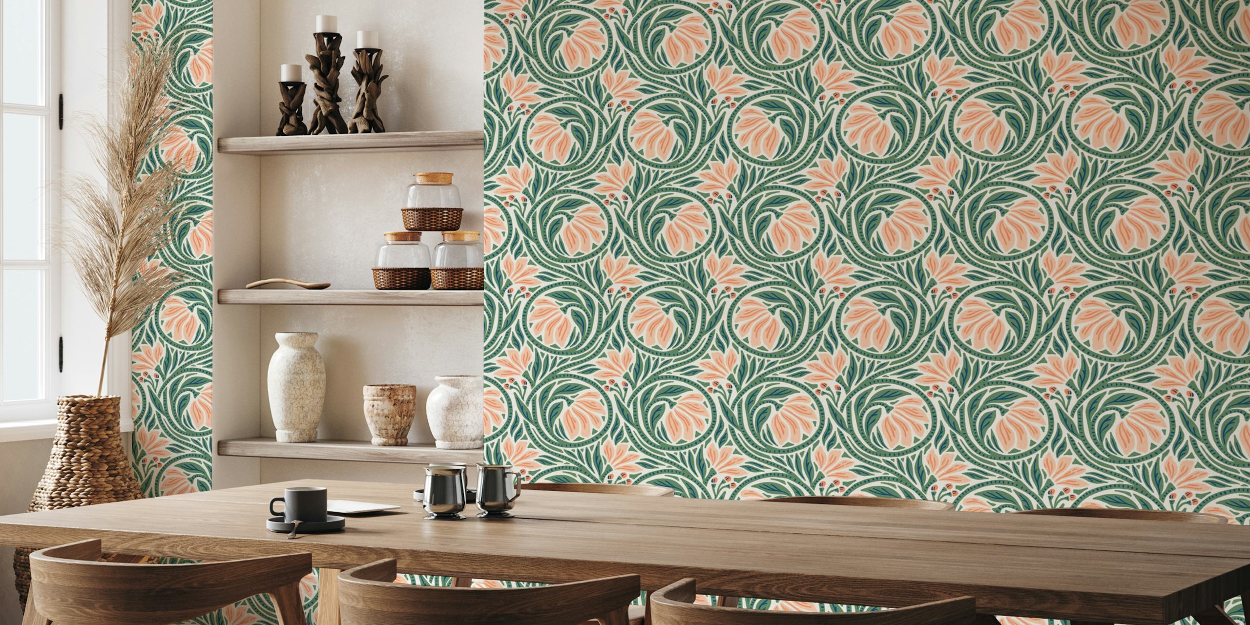 Green and peach floral wallpaper design