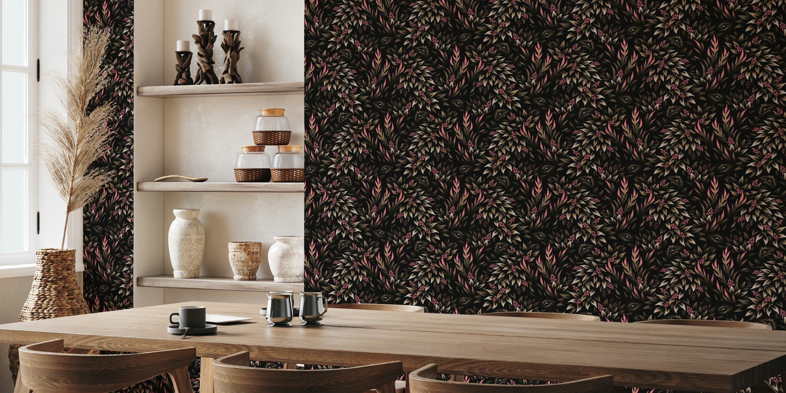 Floral pattern with pink and khaki leaves on black wallpaper