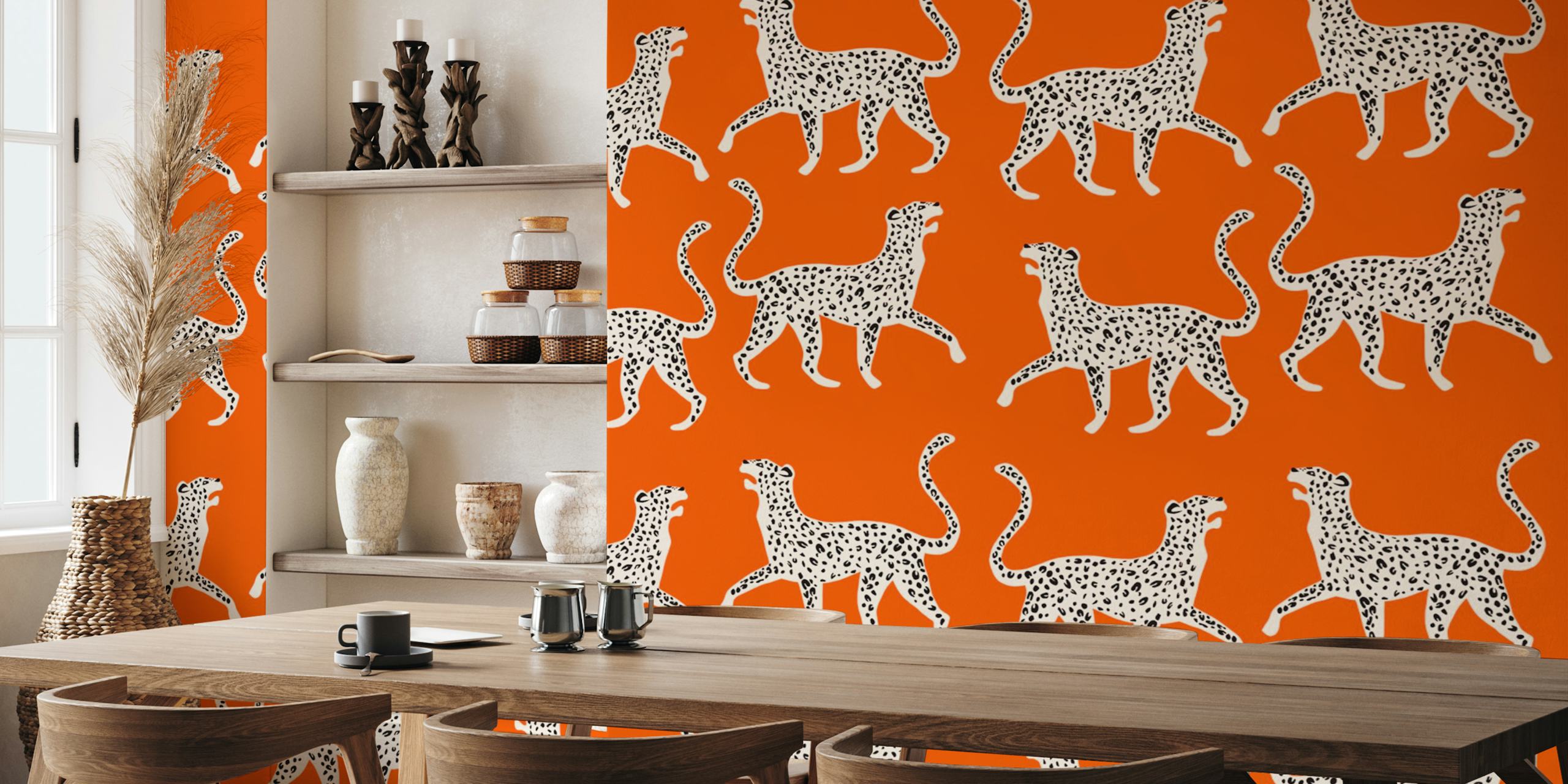 Leopard print in white and black on vibrant orange wallpaper