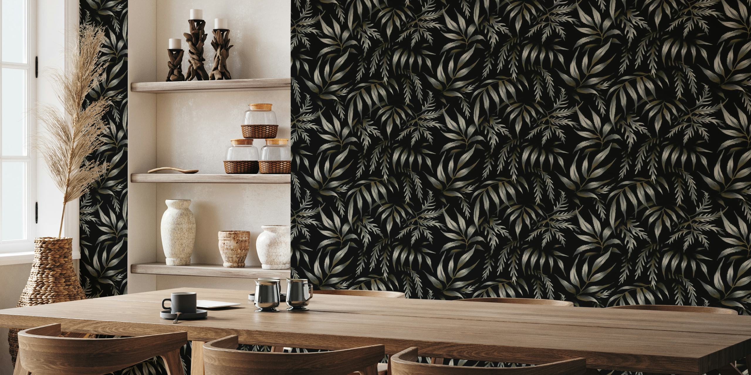 Black foliage with grey botanical leaves wallpaper