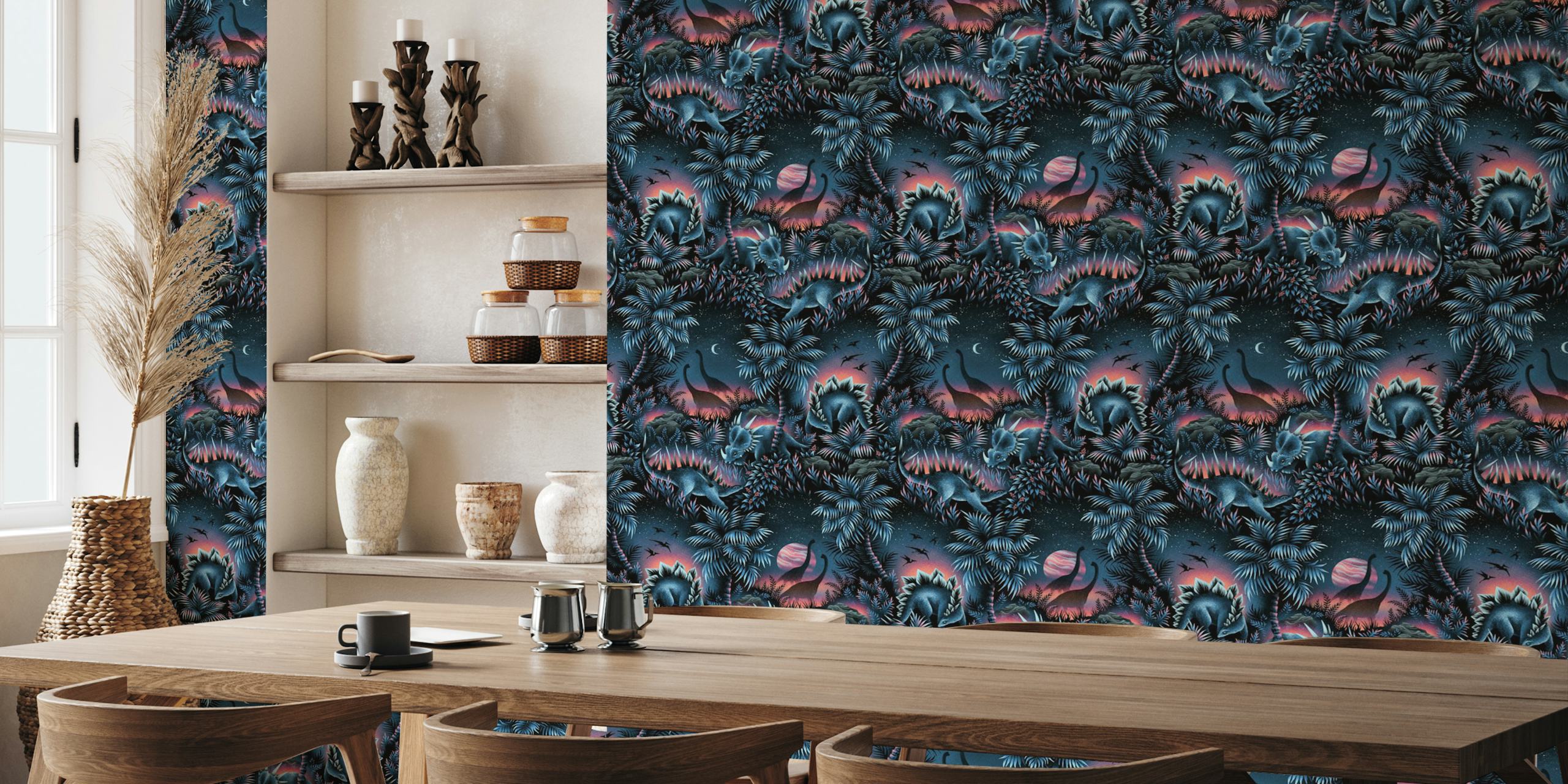 Dinosaur Lagoon wallpaper featuring blue and pink dinosaurs and foliage pattern