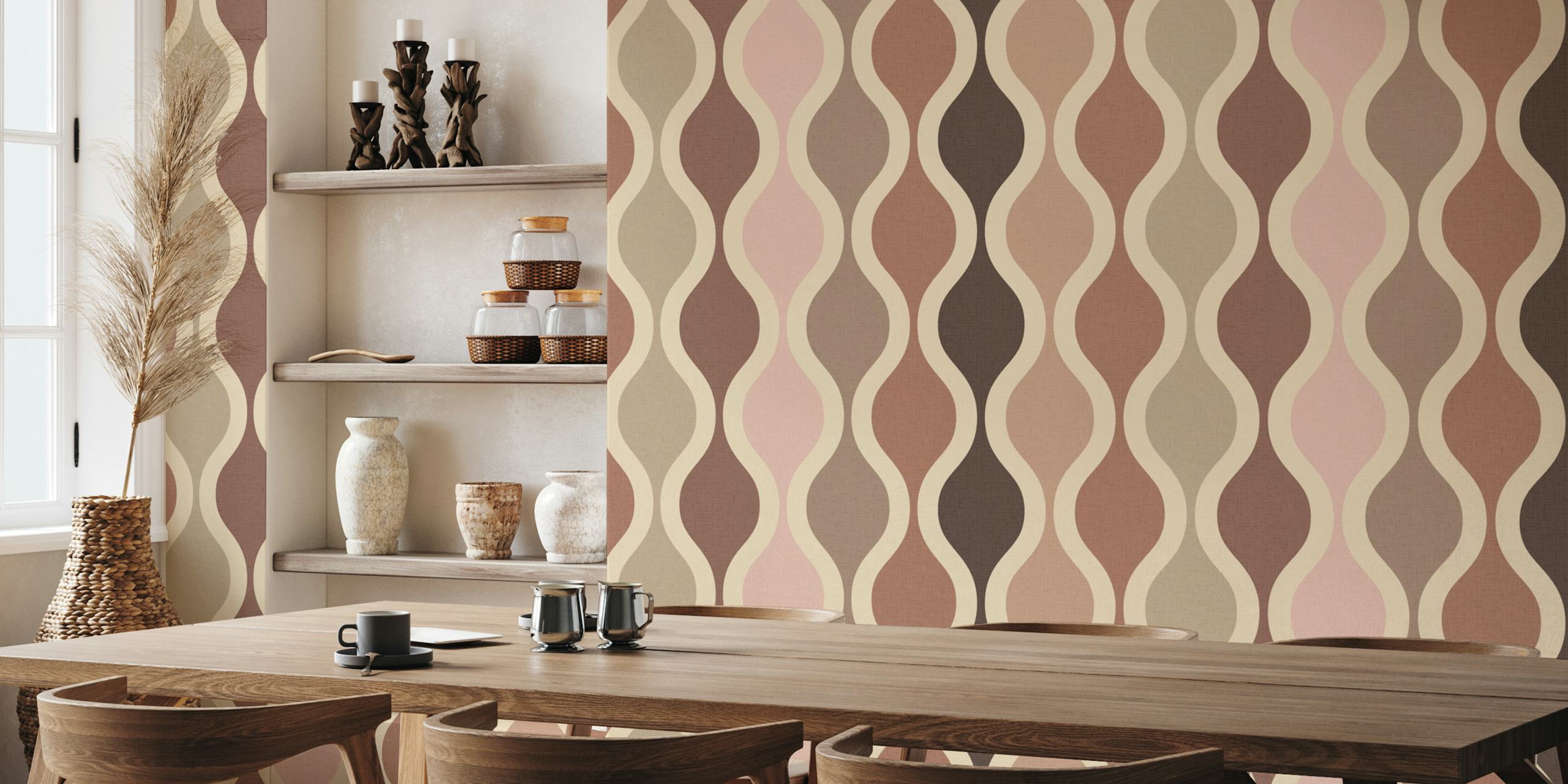 Mocha Mousse Wavy Stripes papier peint dans une pièce
