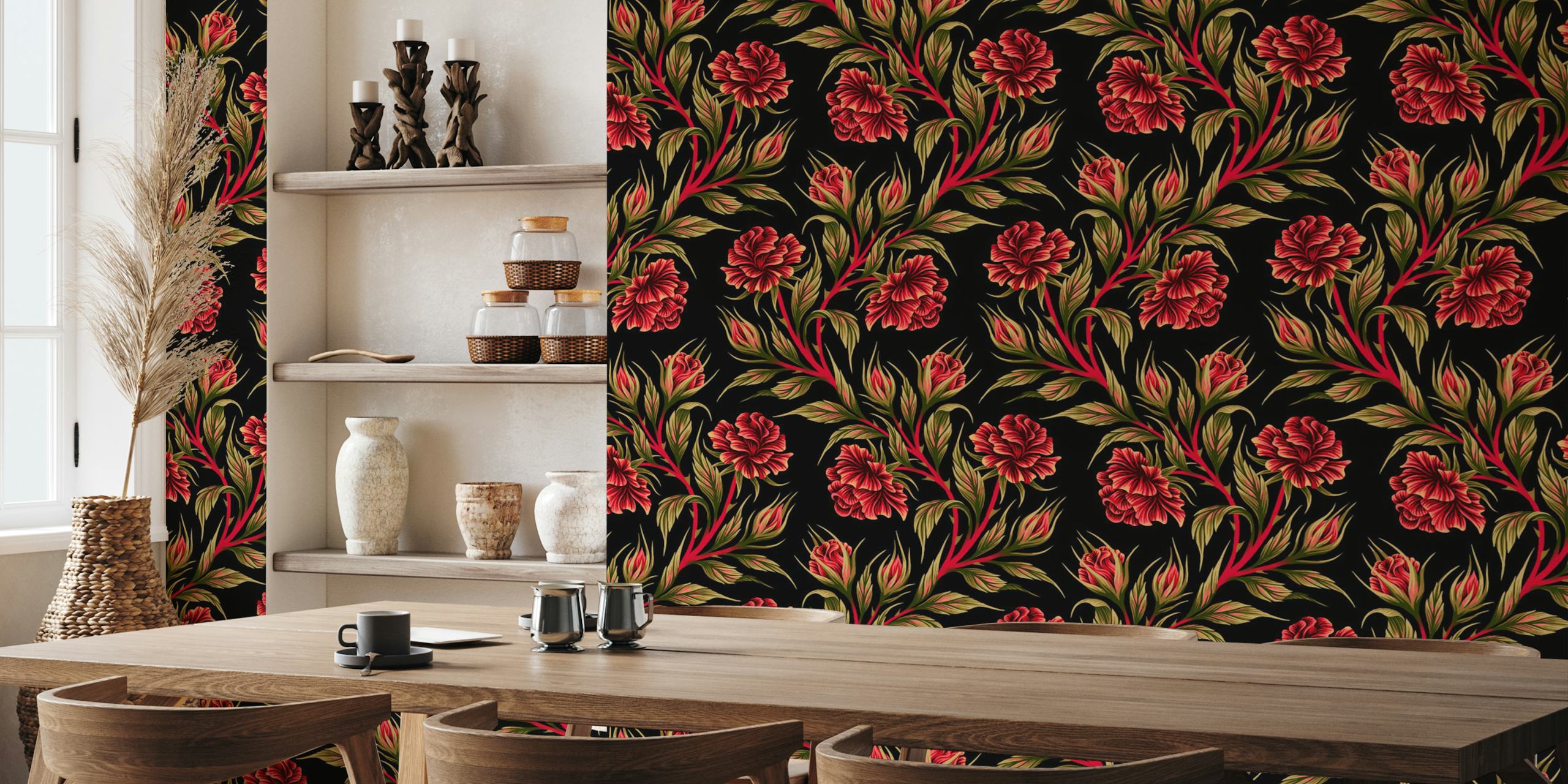 Red floral pattern with green leaves on black background wallpaper