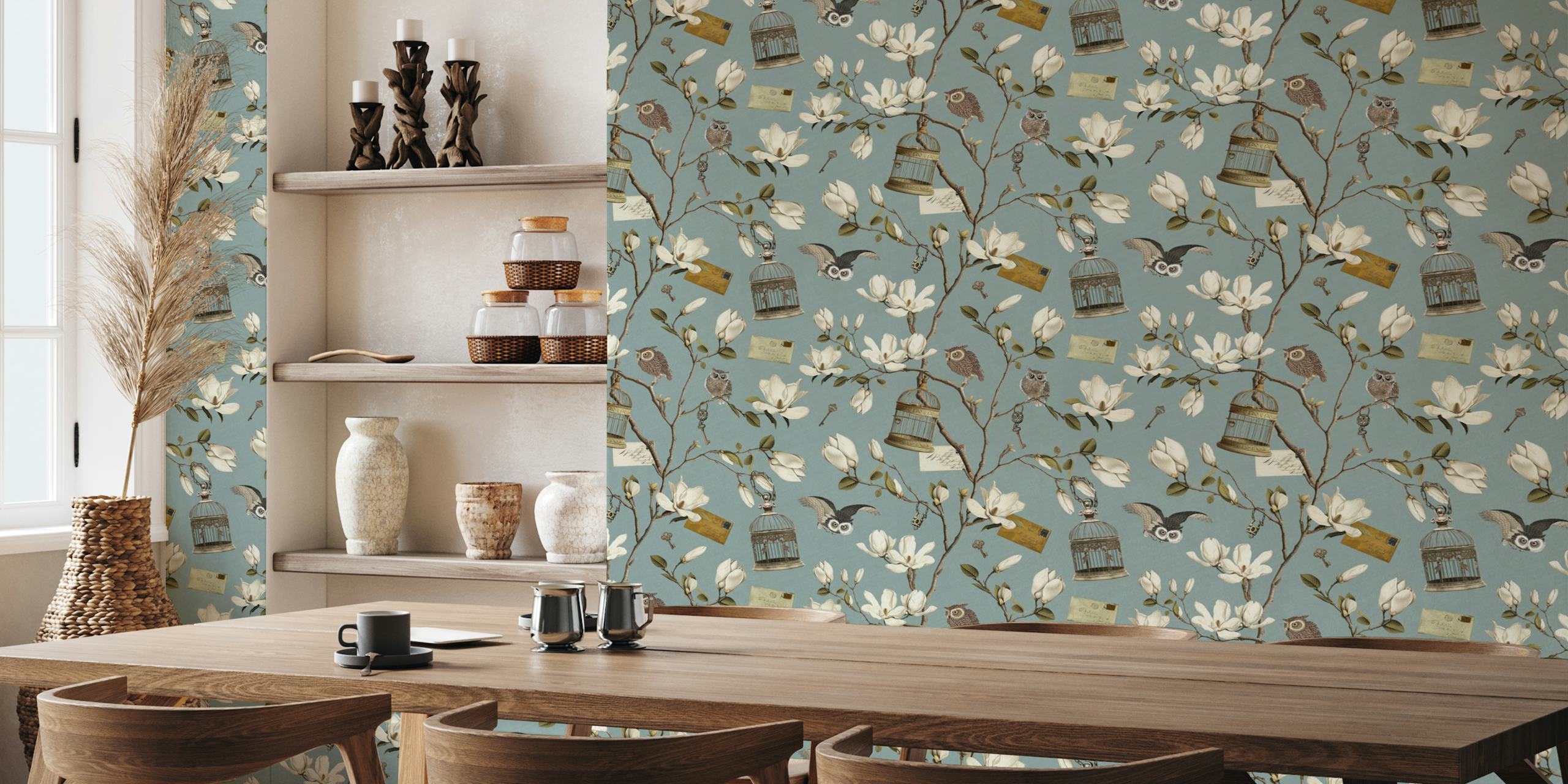 Magnolia Grove with Owls wallpaper design