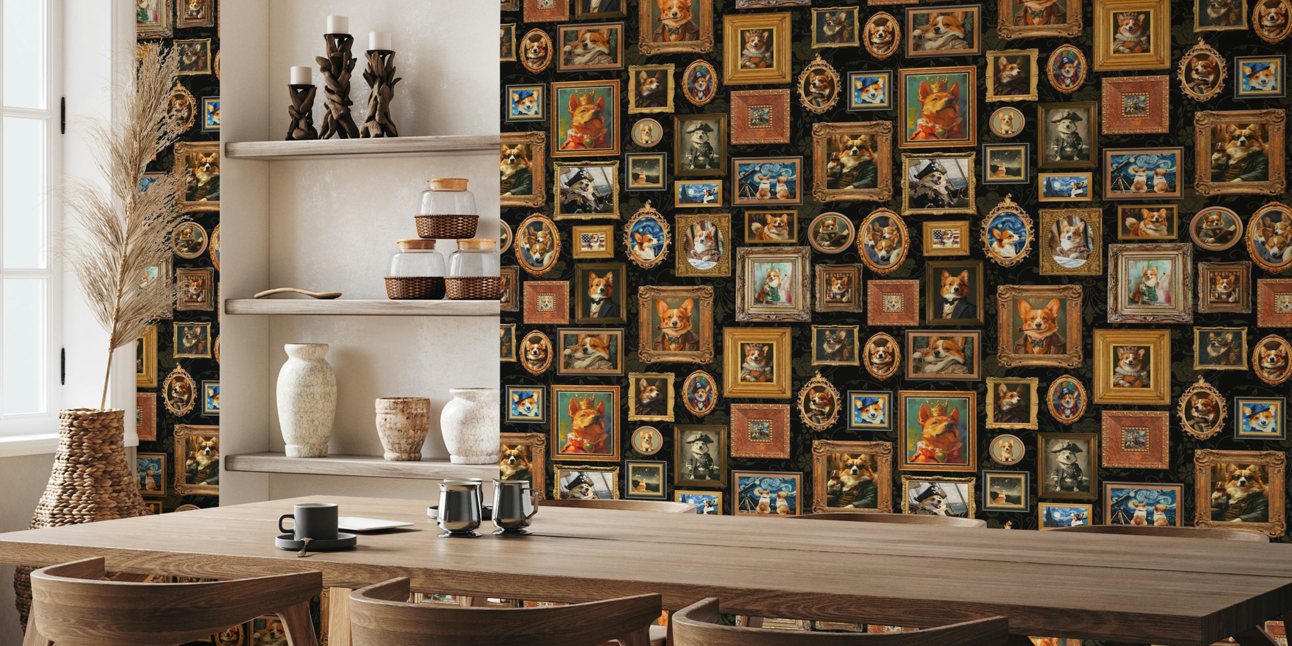 Vintage Corgi portraits in ornate frames on a black background wallpaper