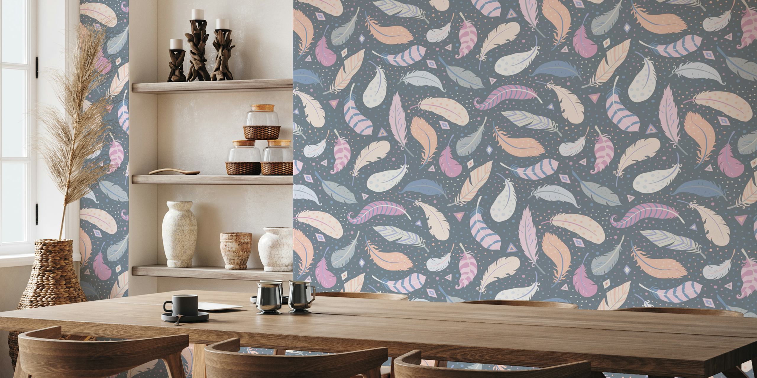 Colorful feathers in pink and grey wallpaper design
