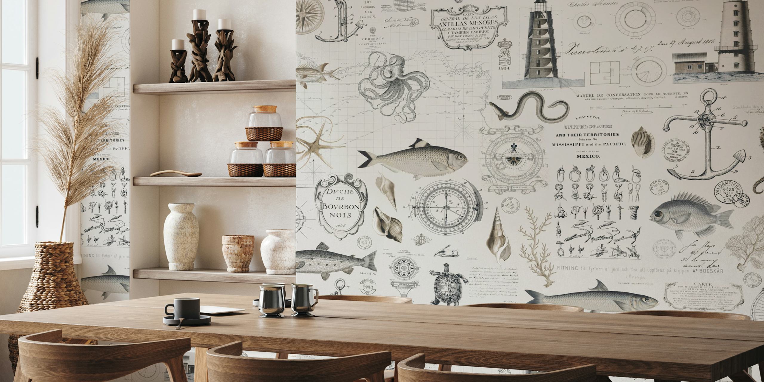 Nautical themed wallpaper of oceanic designs