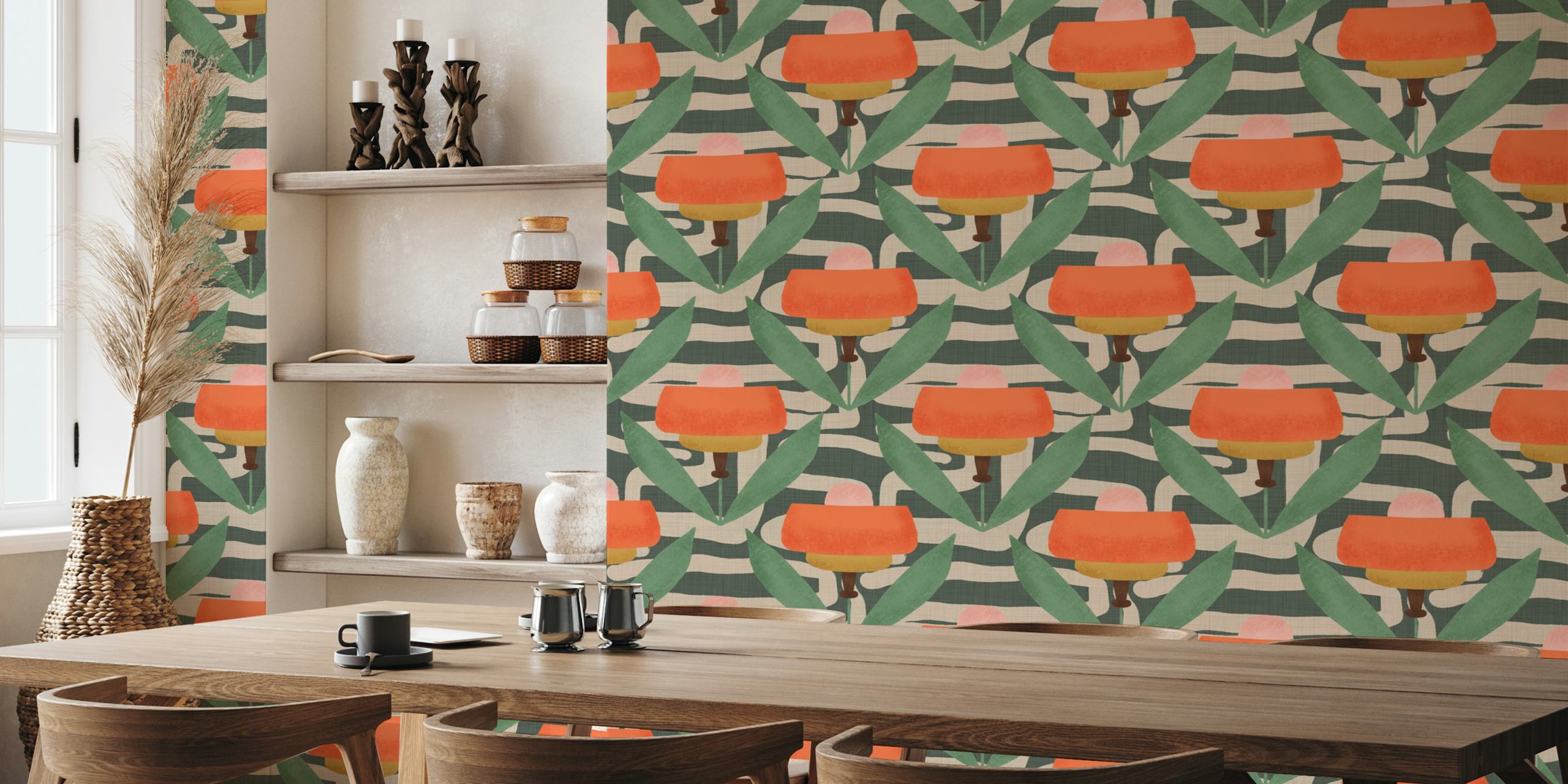 Colorful retro flowers and green leaves pattern wallpaper