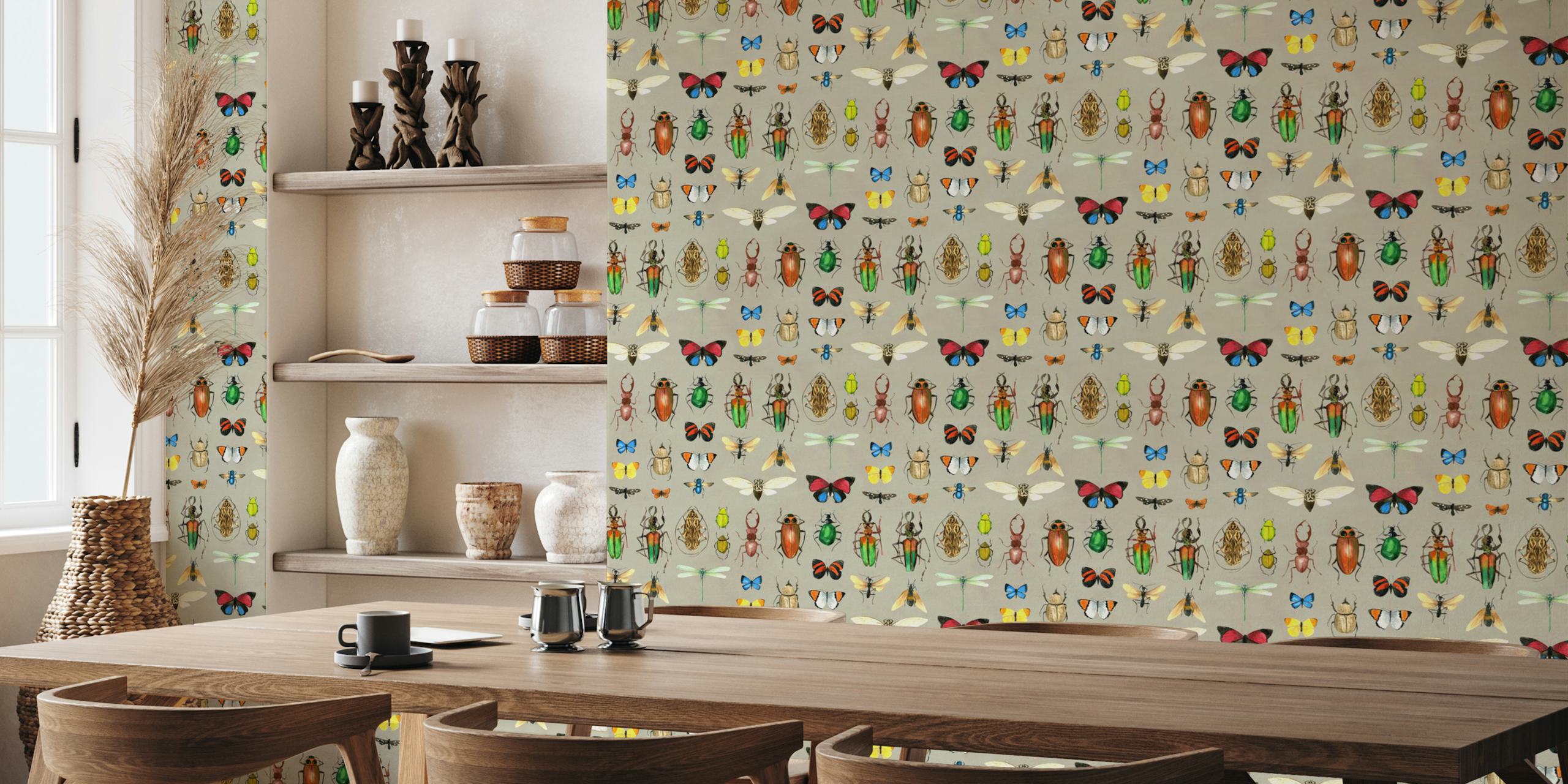 Colorful insects on a grey background wallpaper