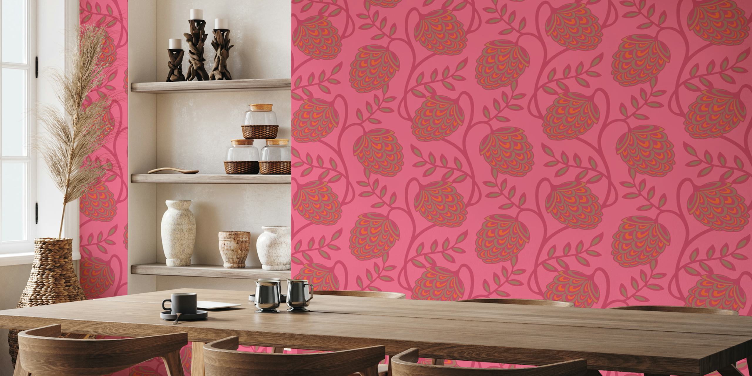 Pink floral wallpaper with vibrant botanical motifs and green leaves