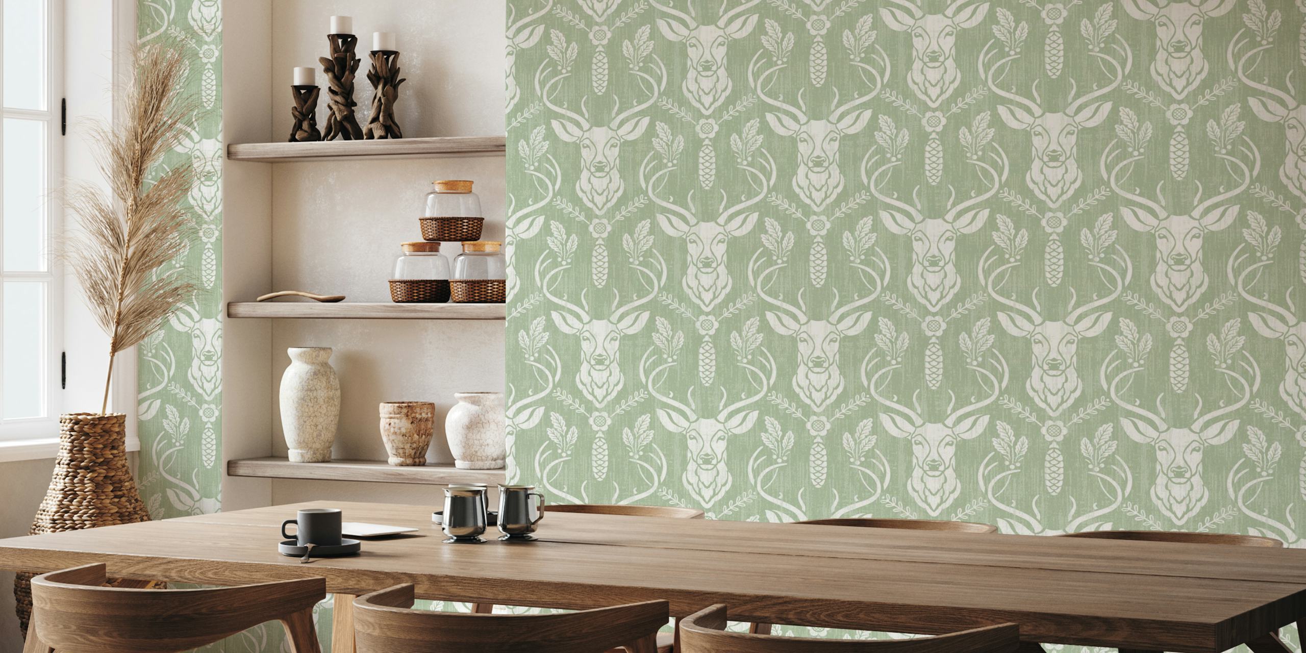 Sage green deer and pinecone pattern wallpaper