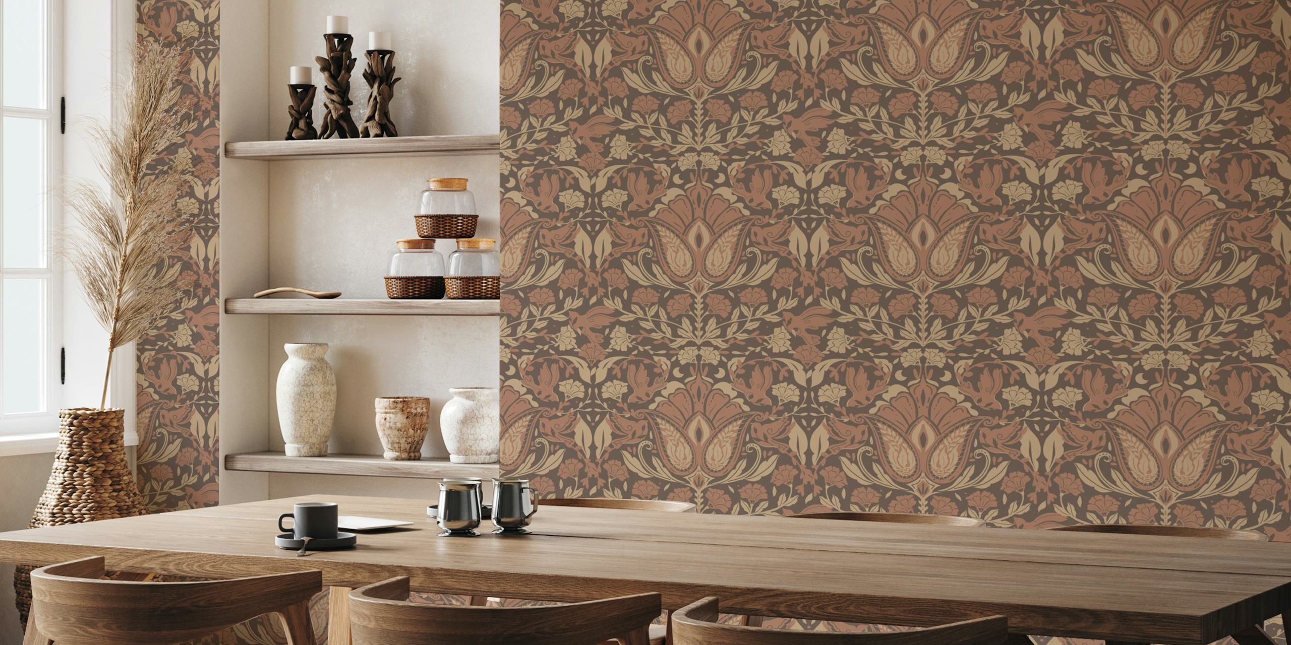 Floral and songbird pattern in warm beige and brown wallpaper