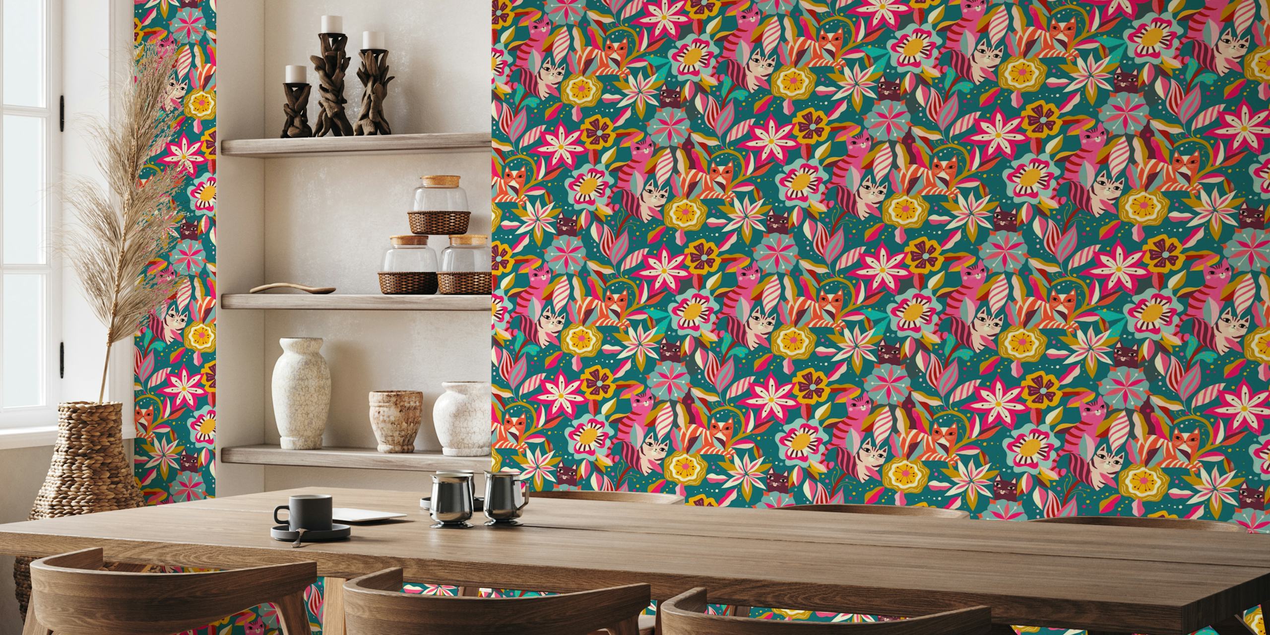 Floral garden wallpaper με hidden cats