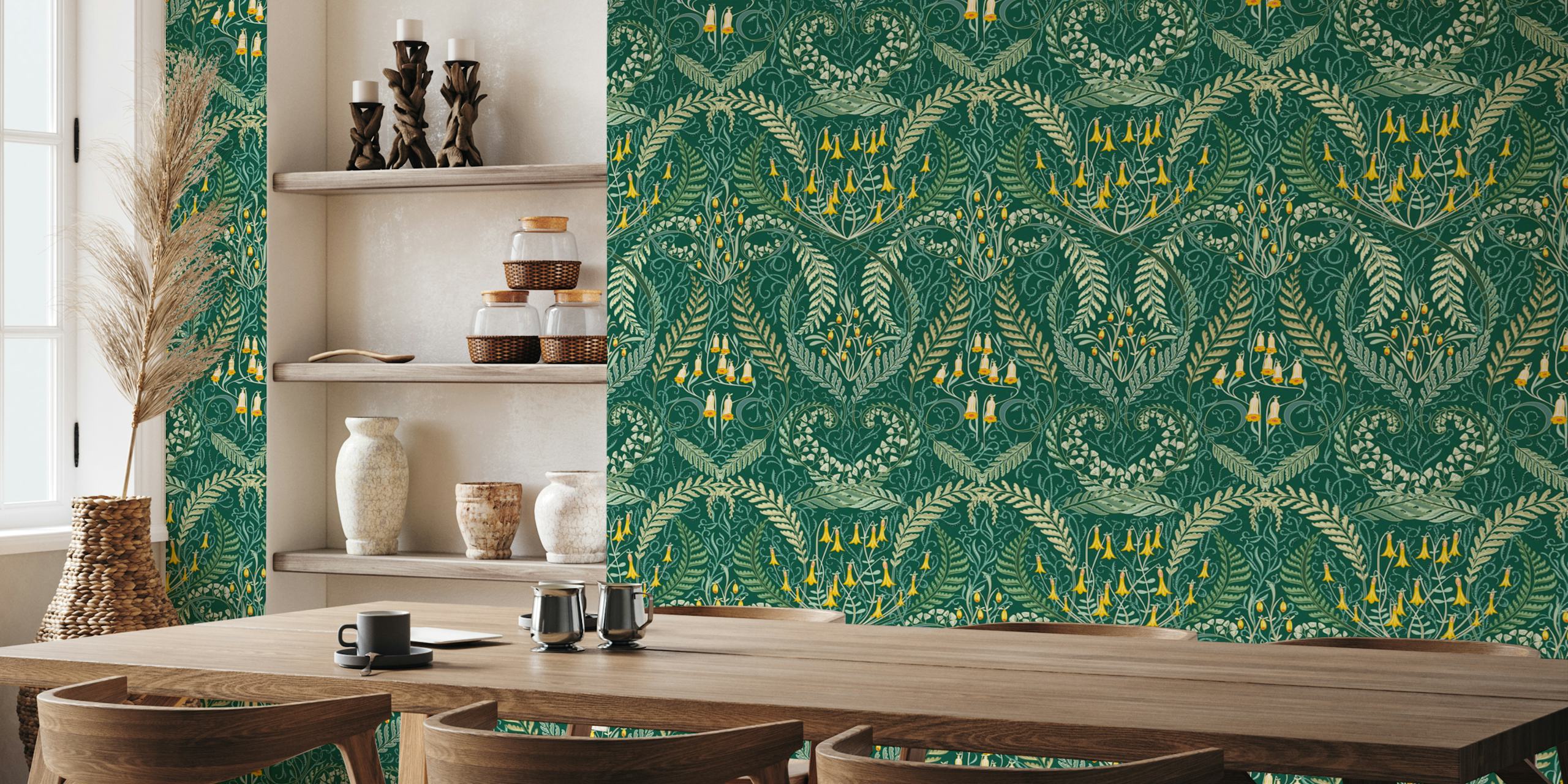 Green floral wallpaper with yellow flowers and ferns in Morris style