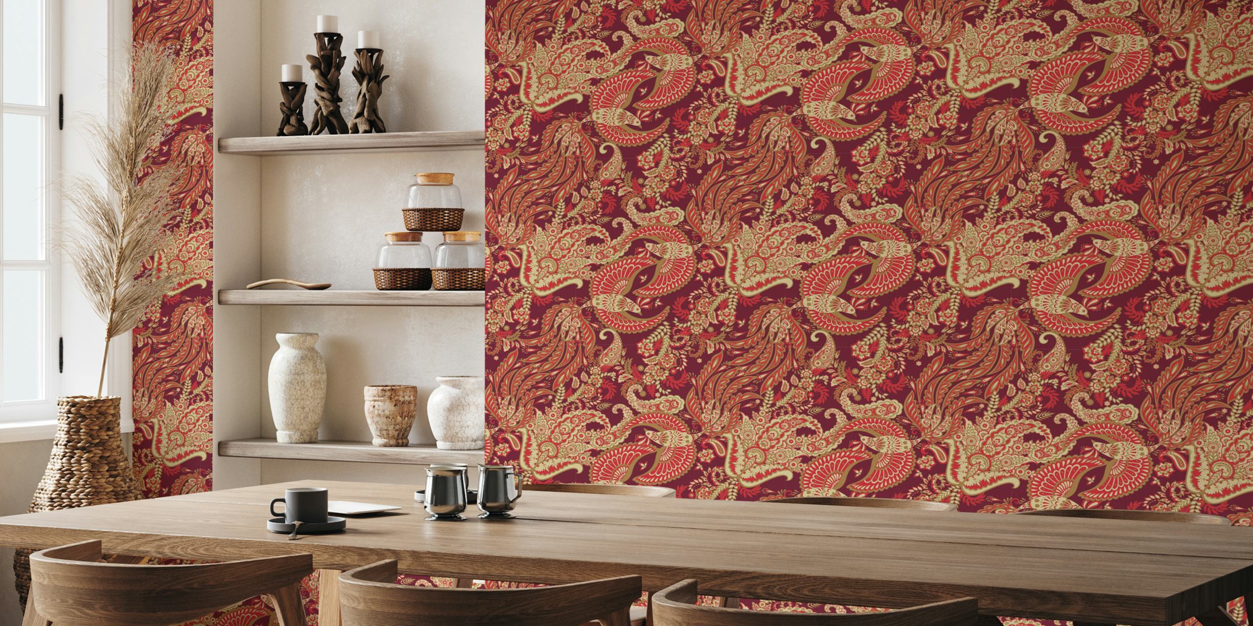 Rich ruby floral paisley wallpaper in red, cream, and green