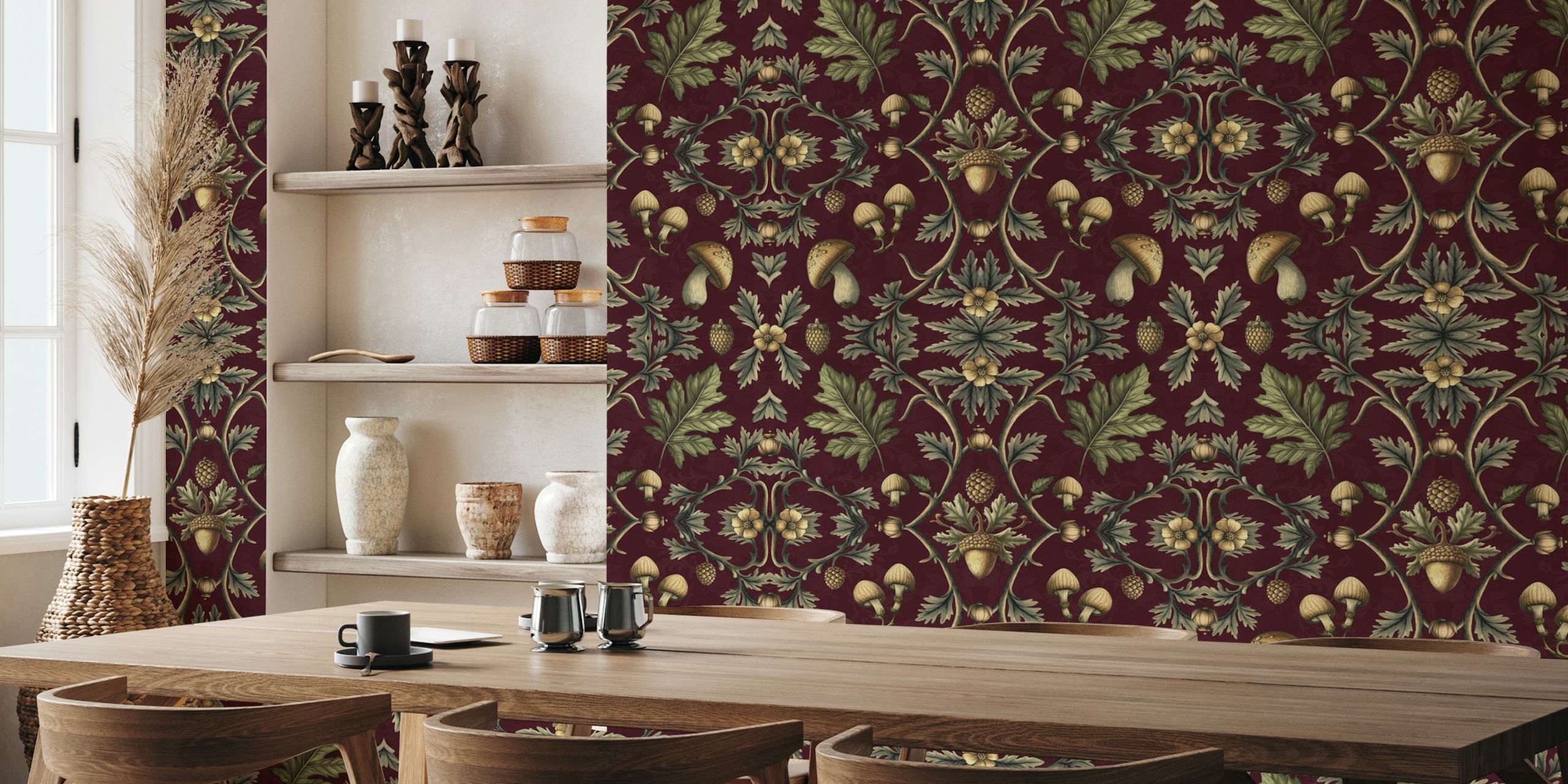 Botanical floral design with leaves and mushrooms on burgundy wallpaper
