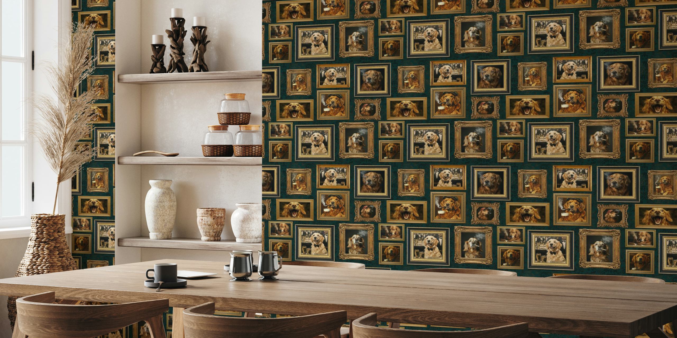 Various golden retriever portraits in ornate frames, dark background wallpaper