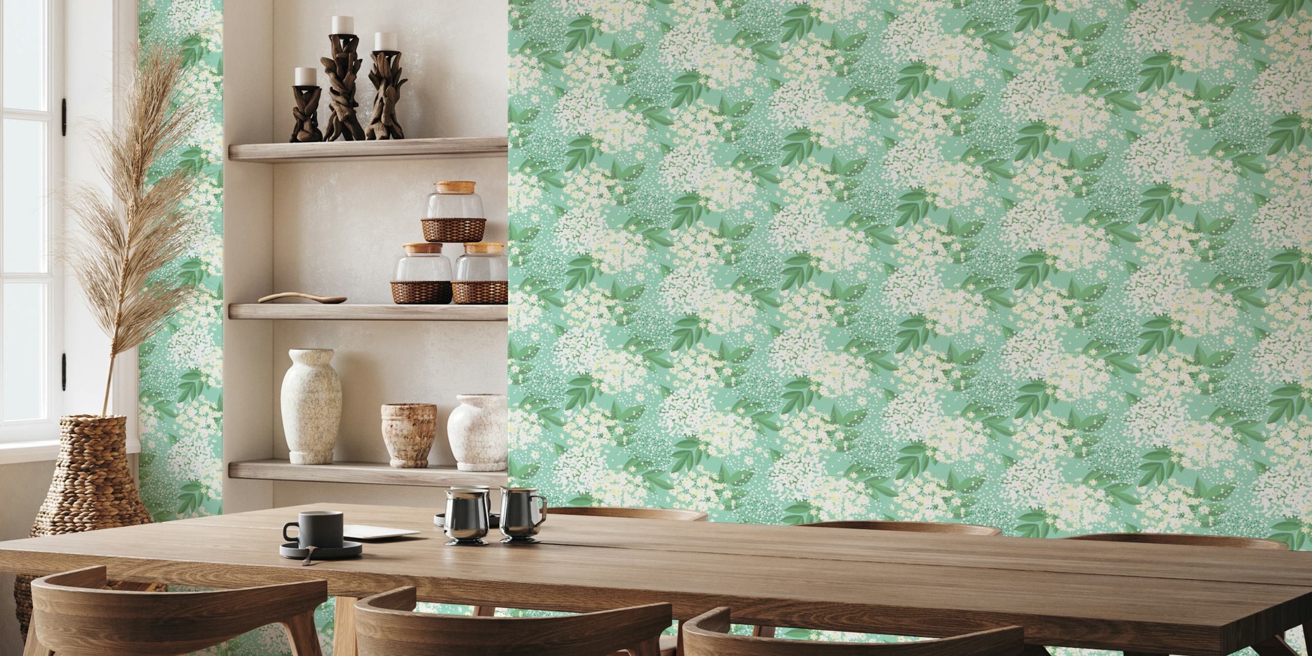 Elderflower on light mint wallpaper in a room