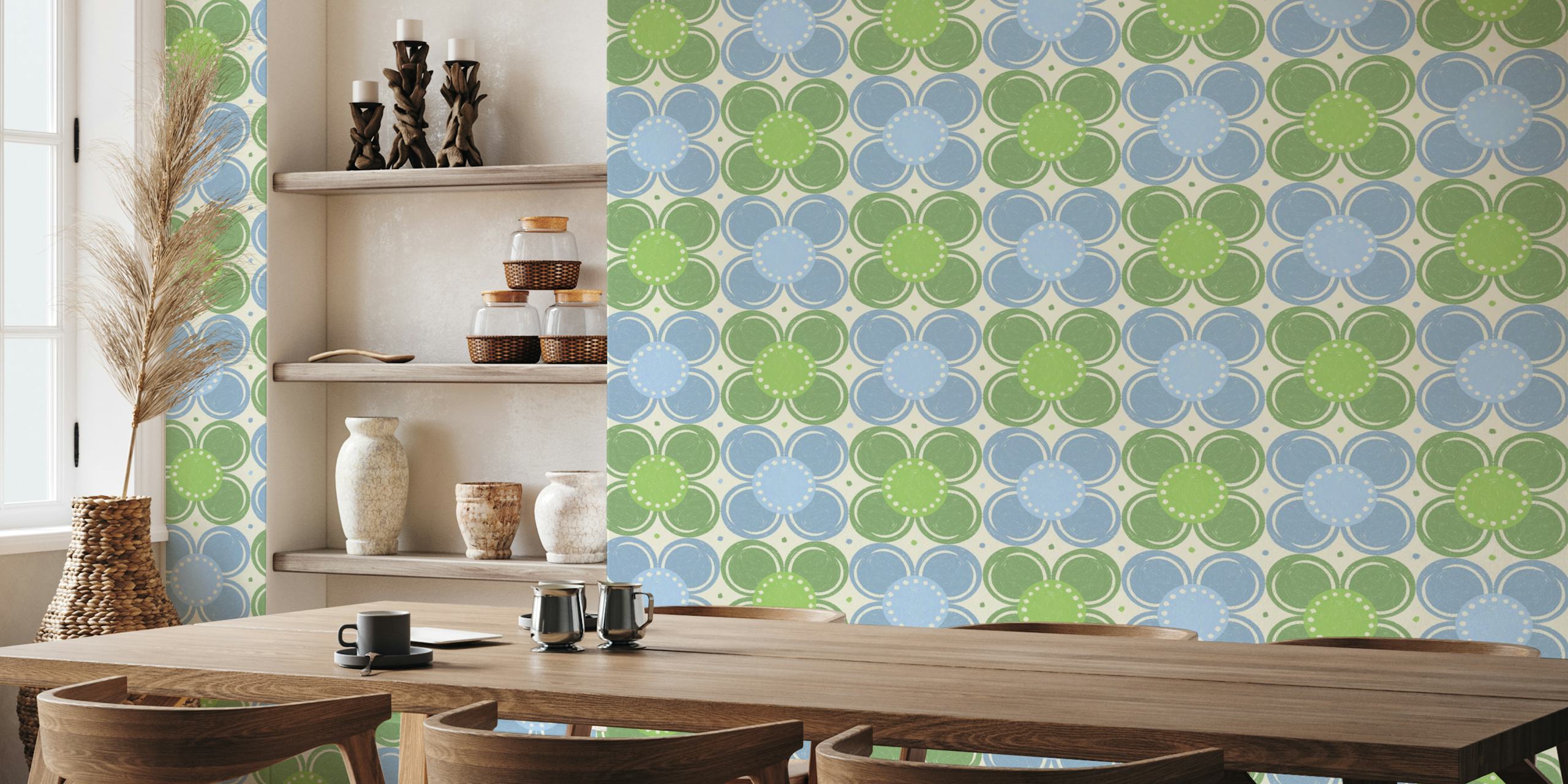 Blue and green retro flowers wallpaper σε ένα δωμάτιο