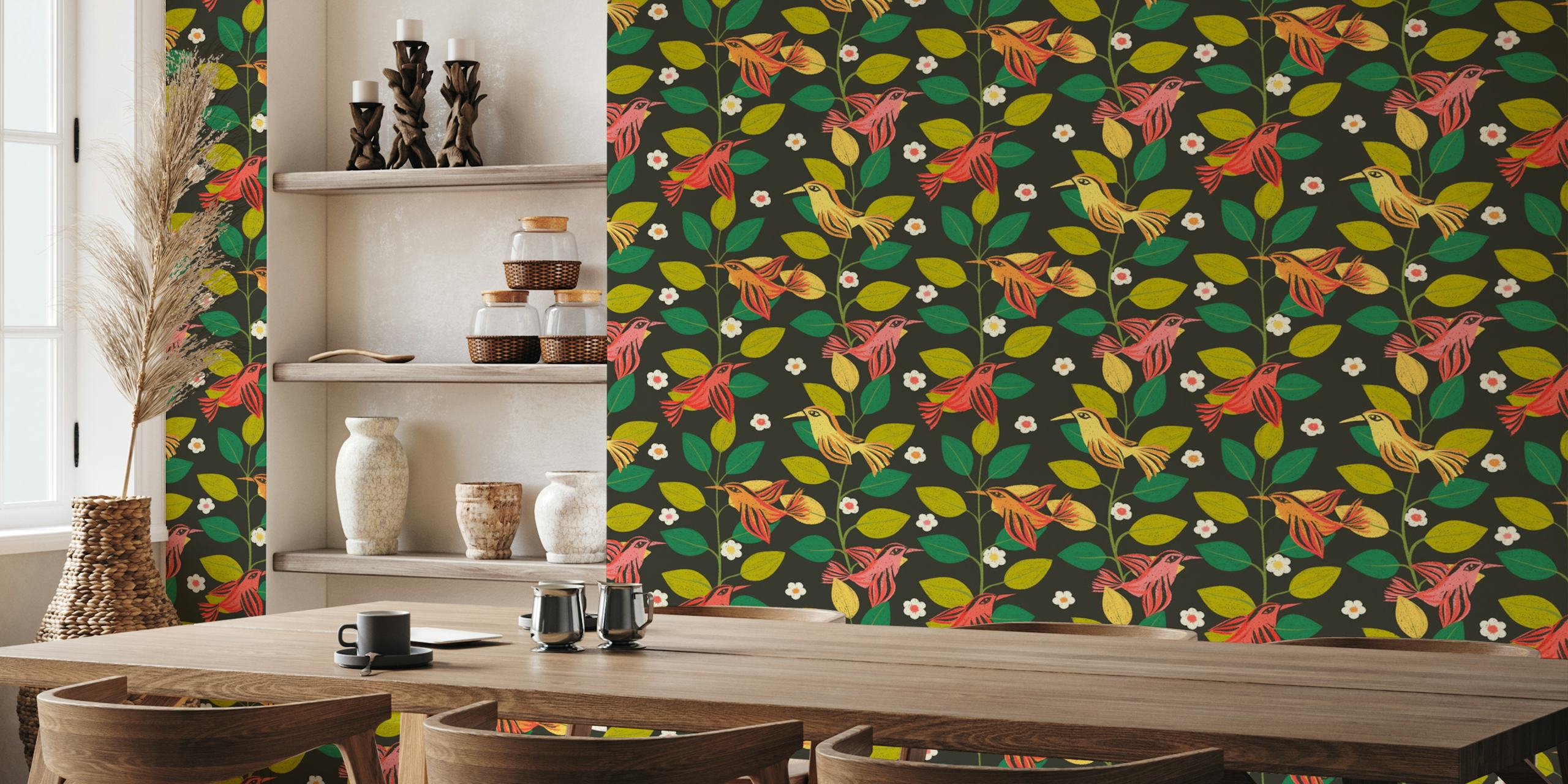 Abstract wallpaper with colorful birds and leaves