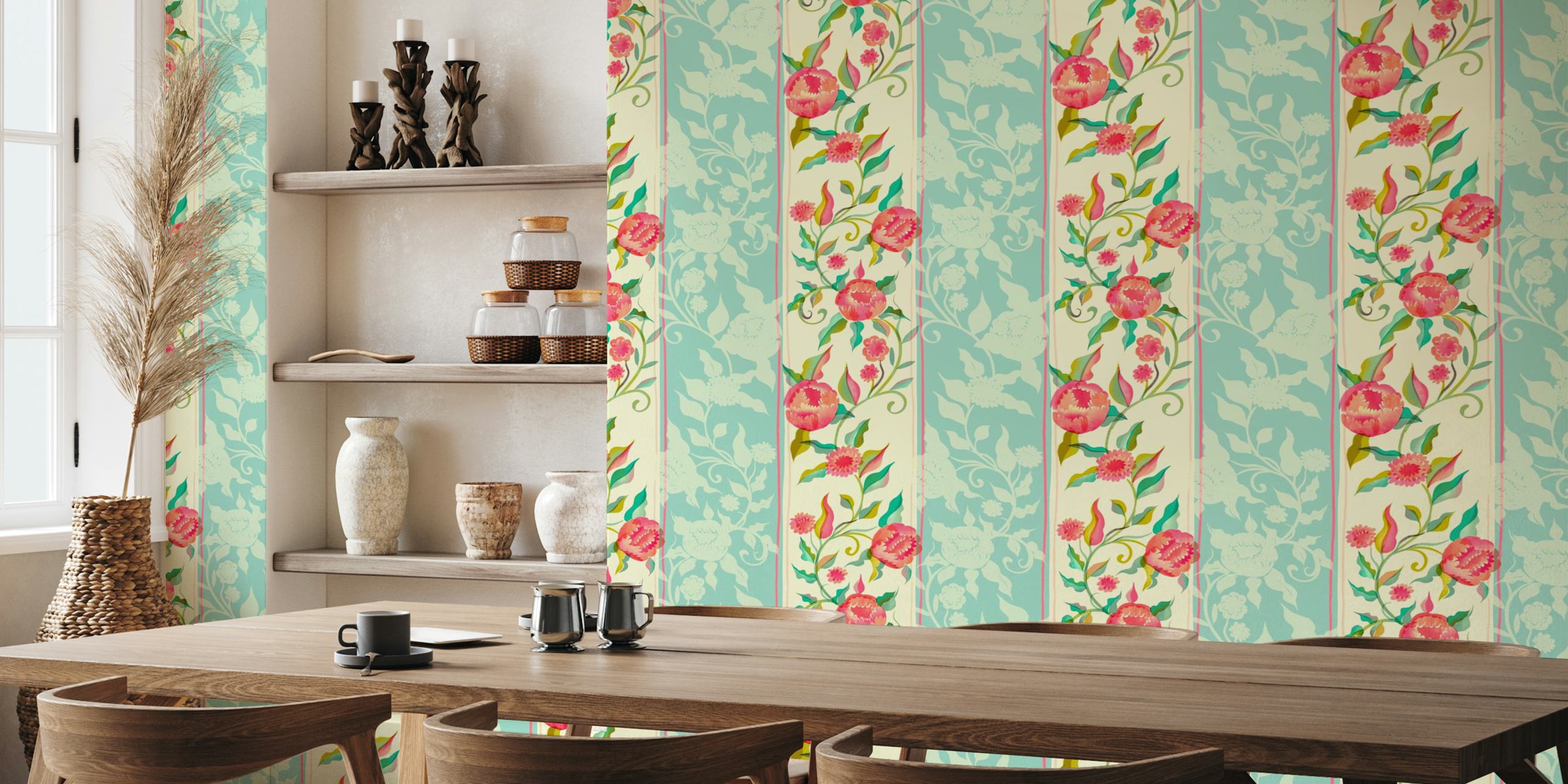 Royal Rokoko peonies chintz stripes papel tapiz en una habitación