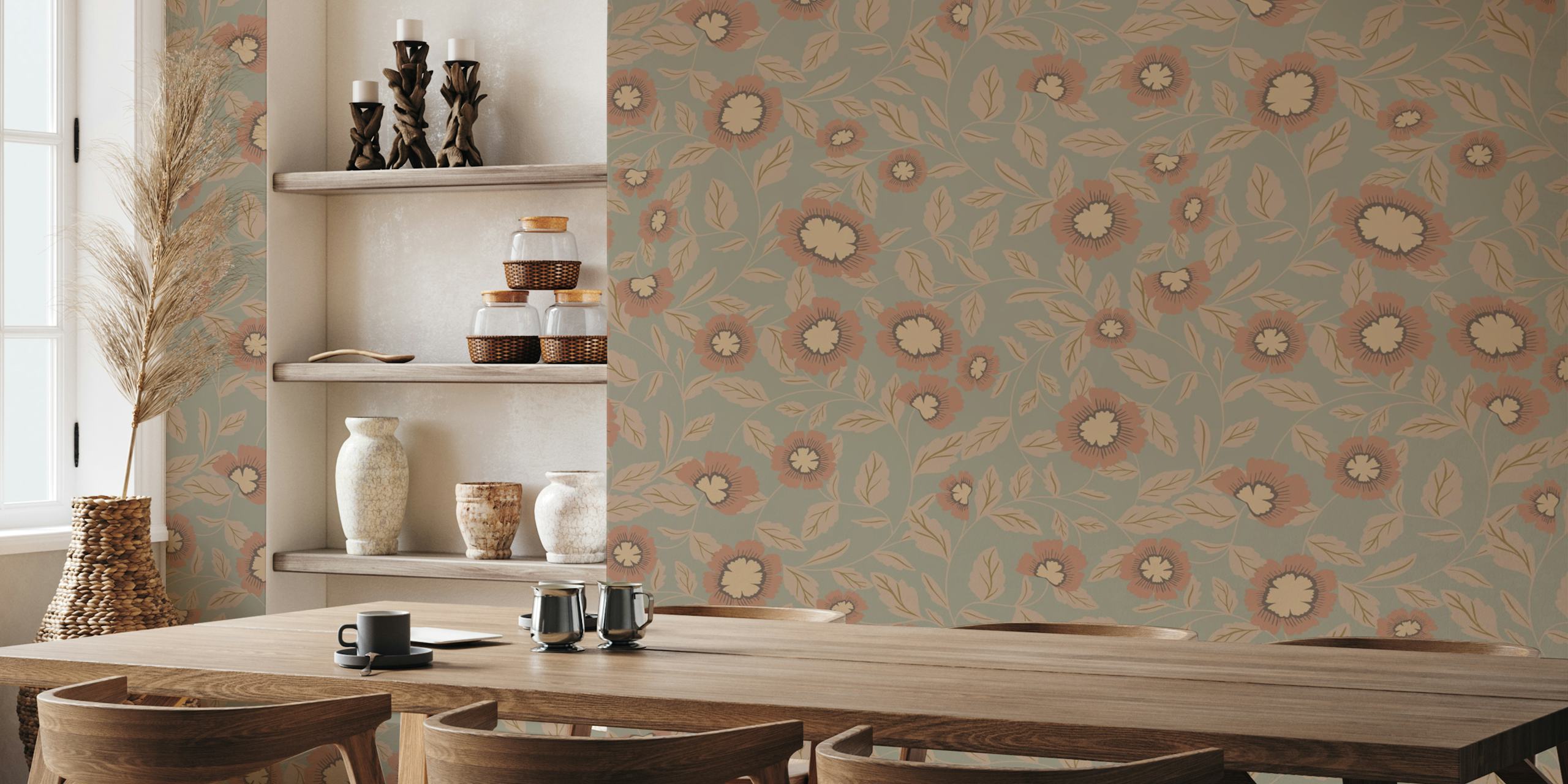 Rustic floral wallpaper featuring beige flowers on a green background