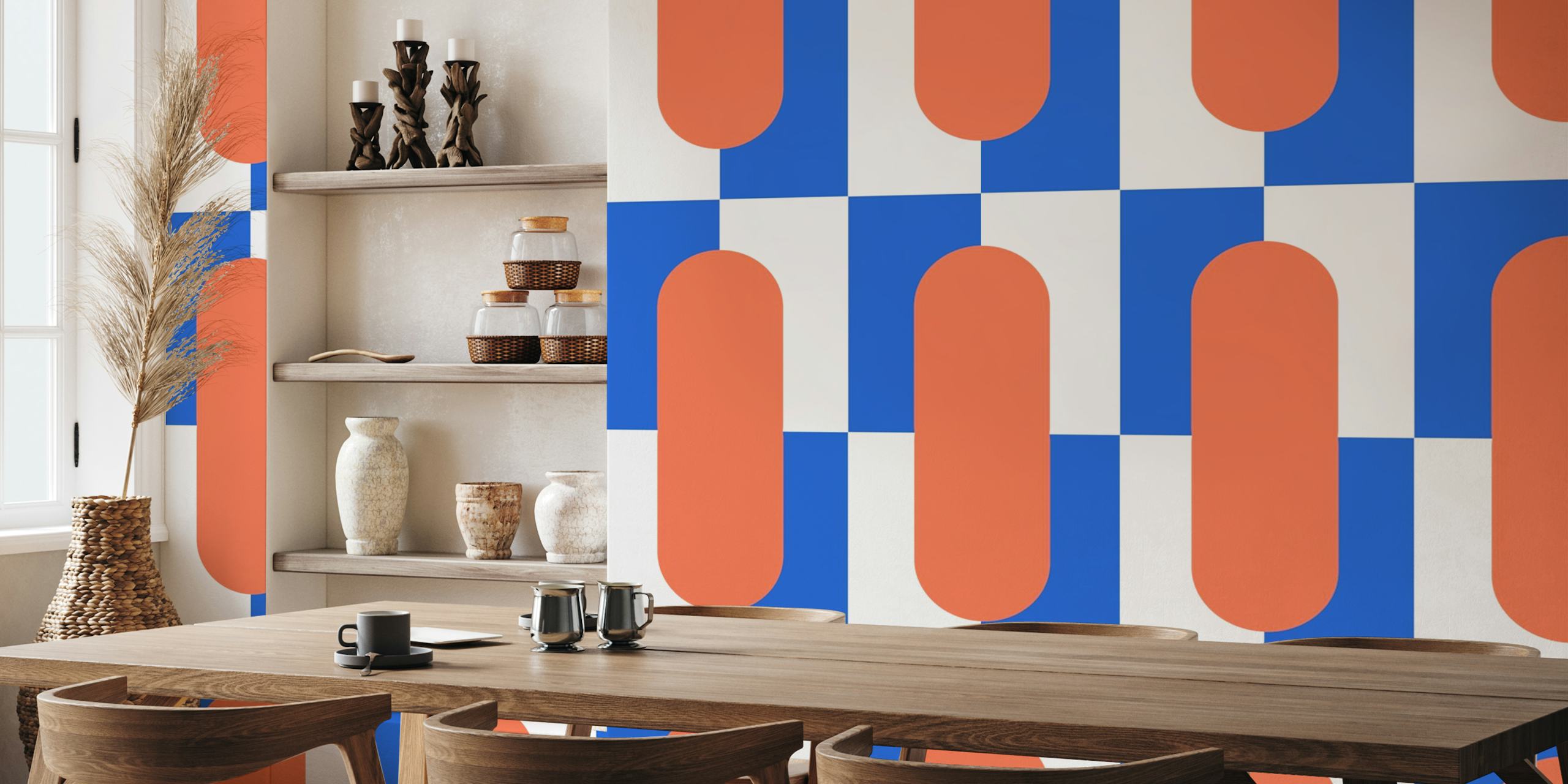 Geometrische Tapete in Blau und Orange mit geschwungenen Mustern