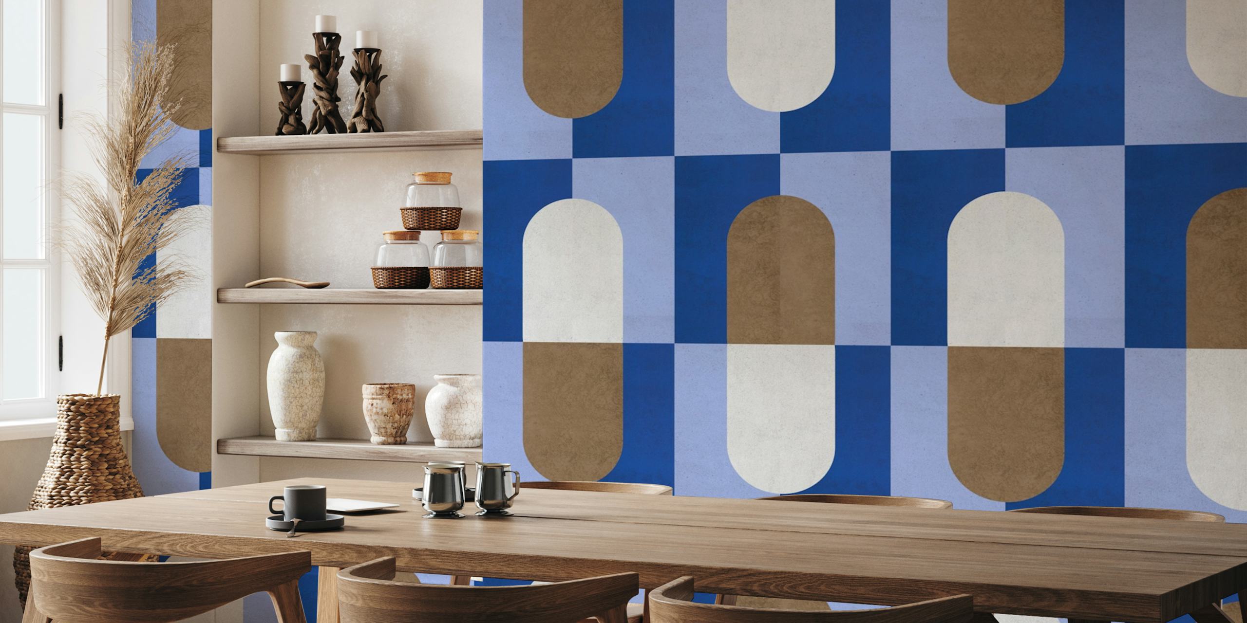 Geometric shapes in blue, brown, and white wallpaper