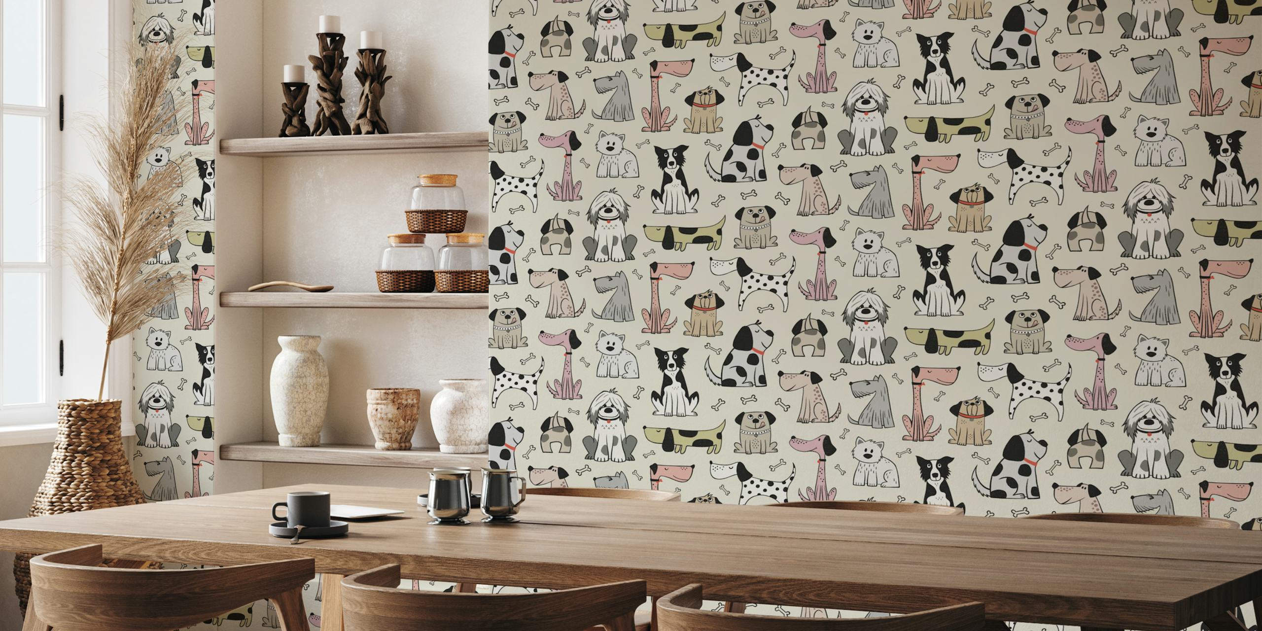 Various playful dog illustrations in soft colors on beige wallpaper