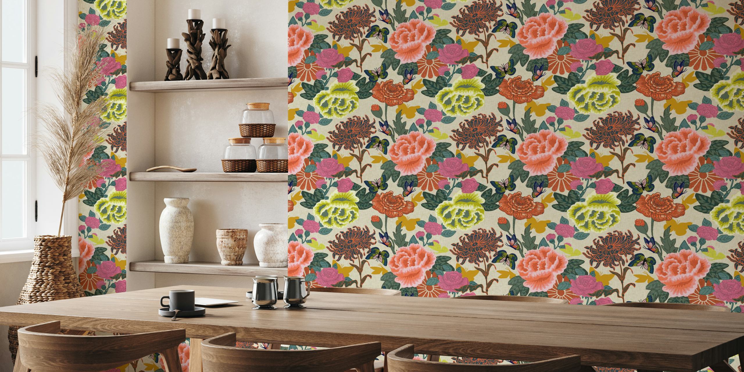 Chinese floral wallpaper with roses and butterflies in vibrant colors