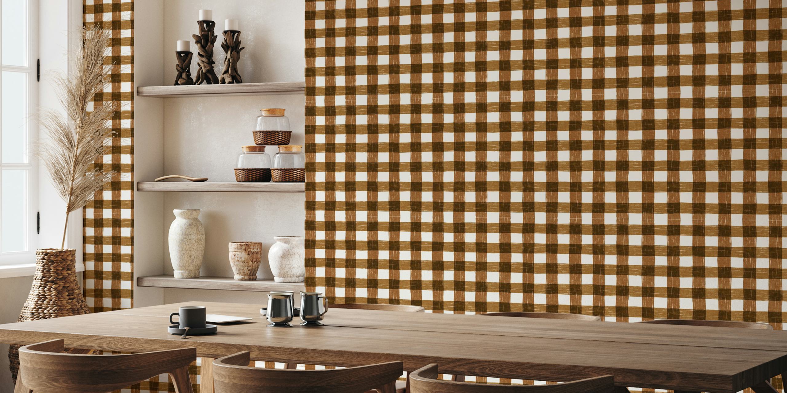 Brown plaid pattern wallpaper on a white background