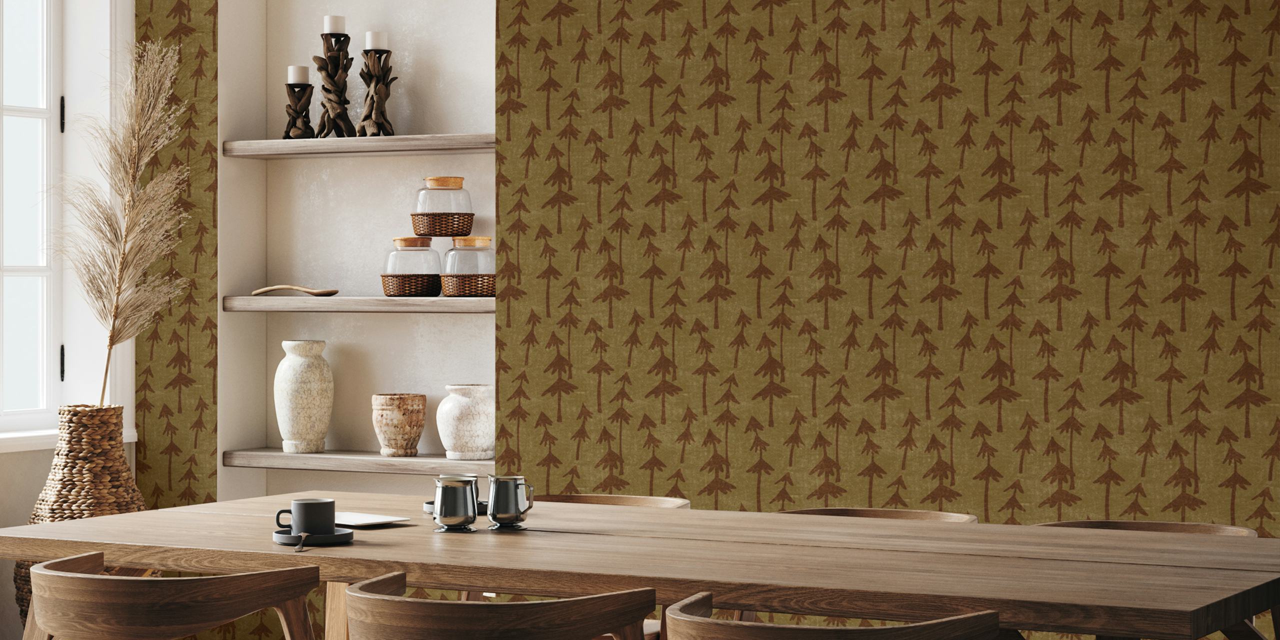 Brown tree pattern on khaki background wallpaper