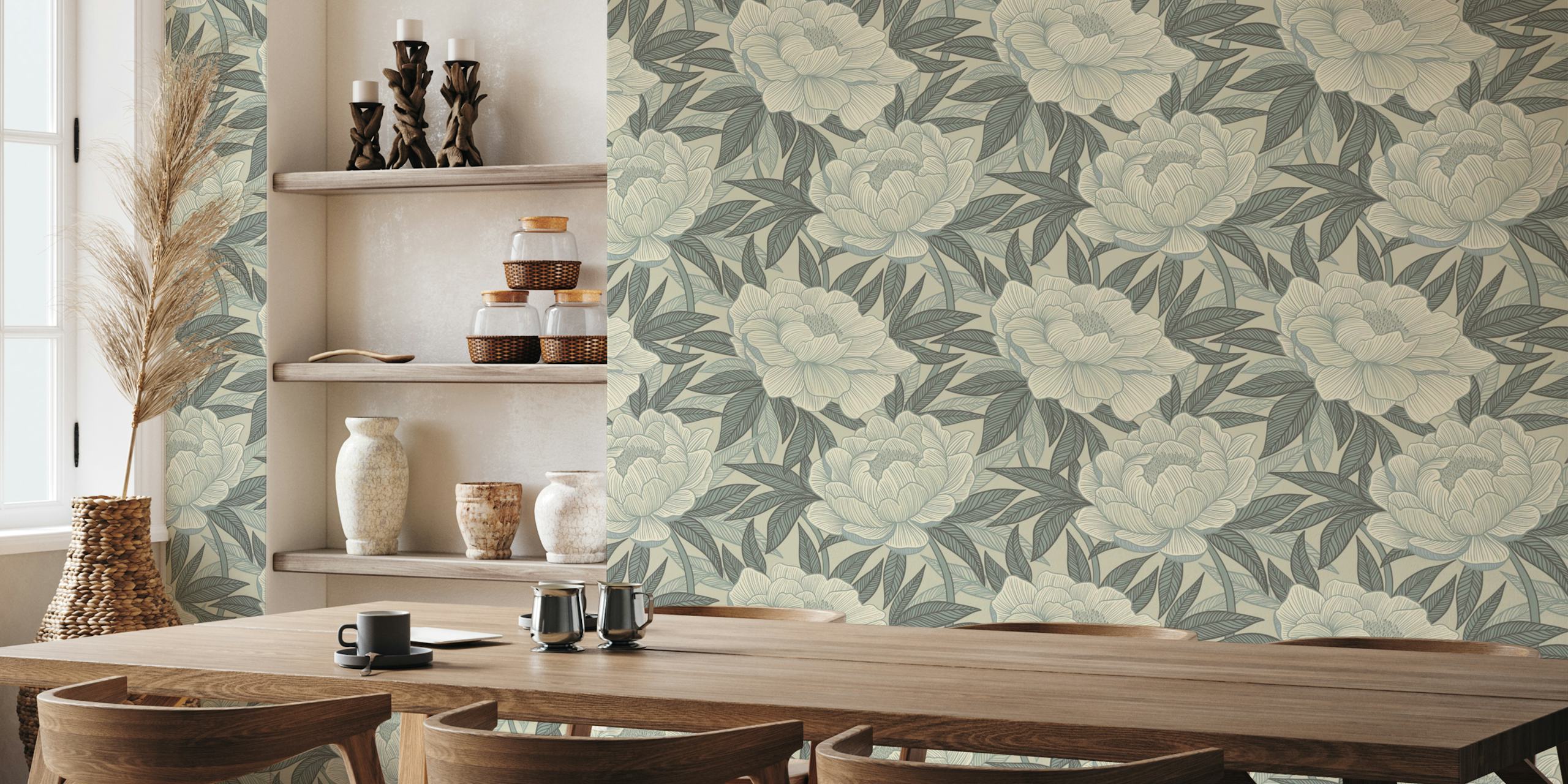Dreamy peony floral wallpaper in a room