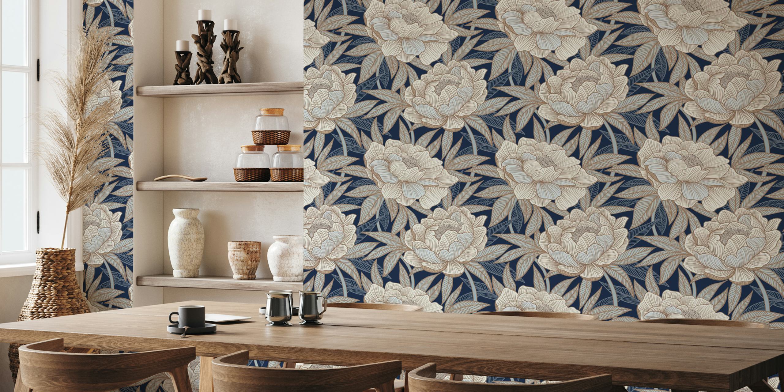 Navy blue floral wallpaper with cream peonies and leaves