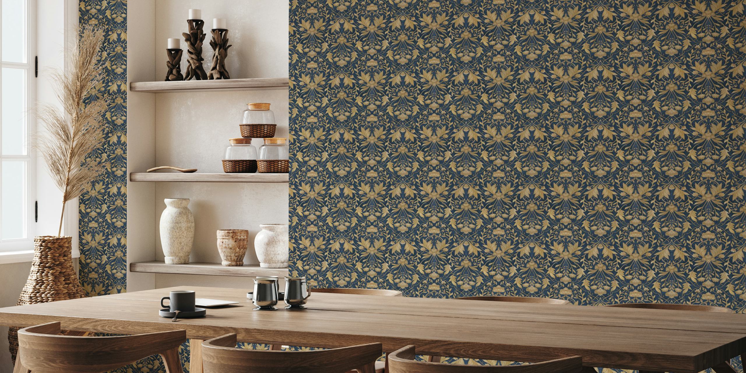 Floral damask wallpaper in navy blue and gold pattern
