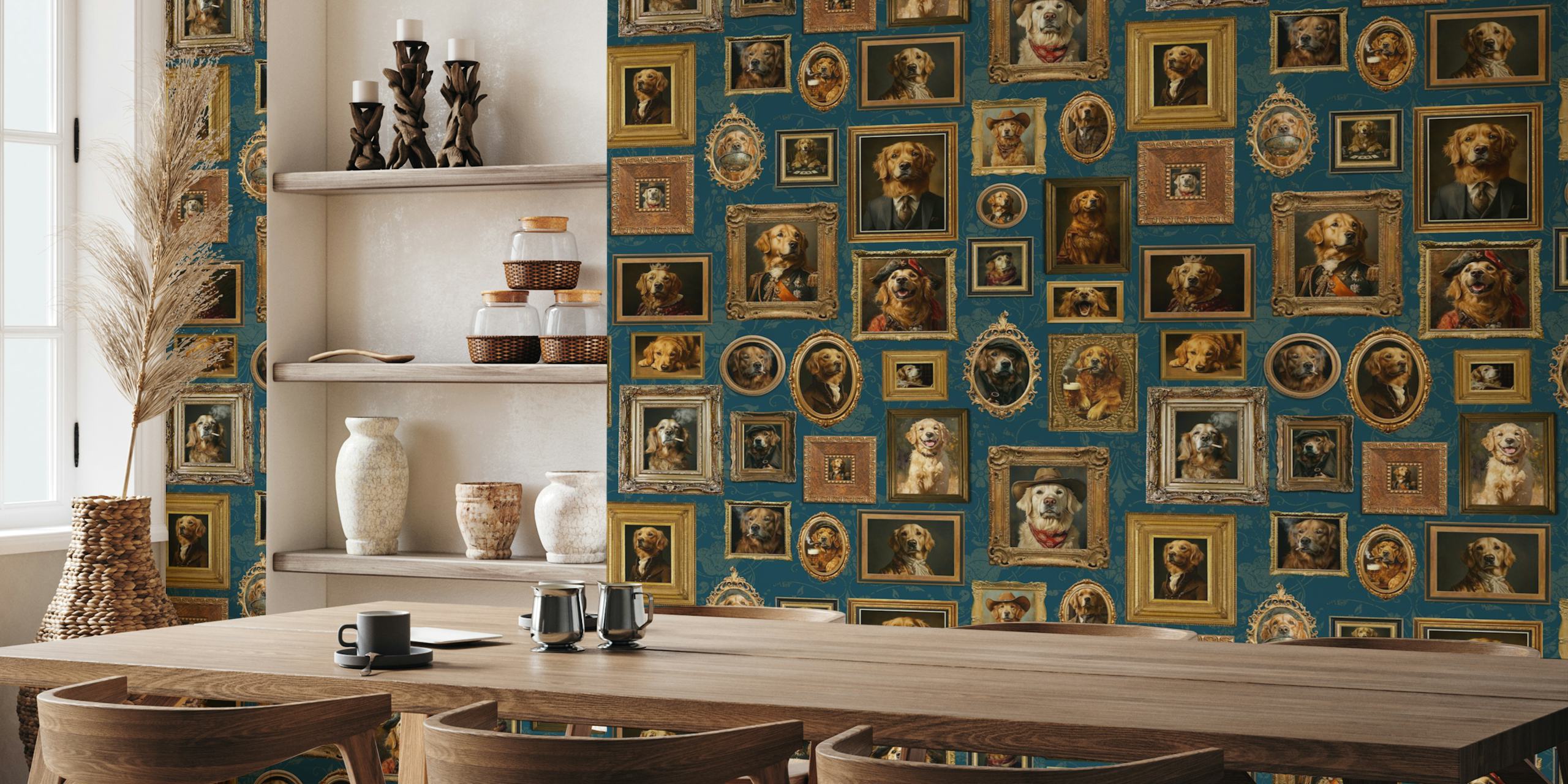 Whimsical Golden Retriever wallpaper in a room