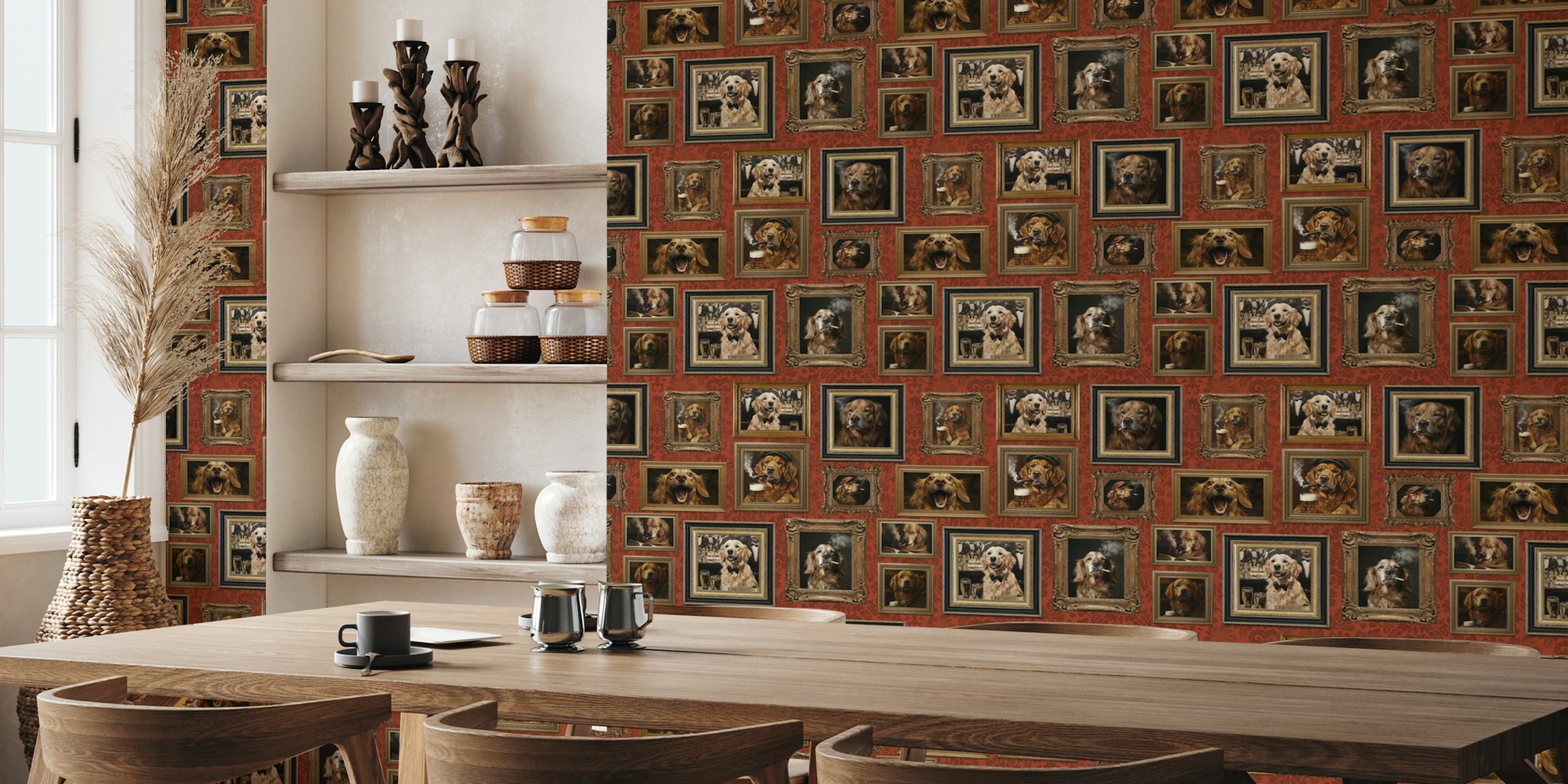 Gallery wall featuring framed portraits of golden retrievers in brown and gold tones wallpaper