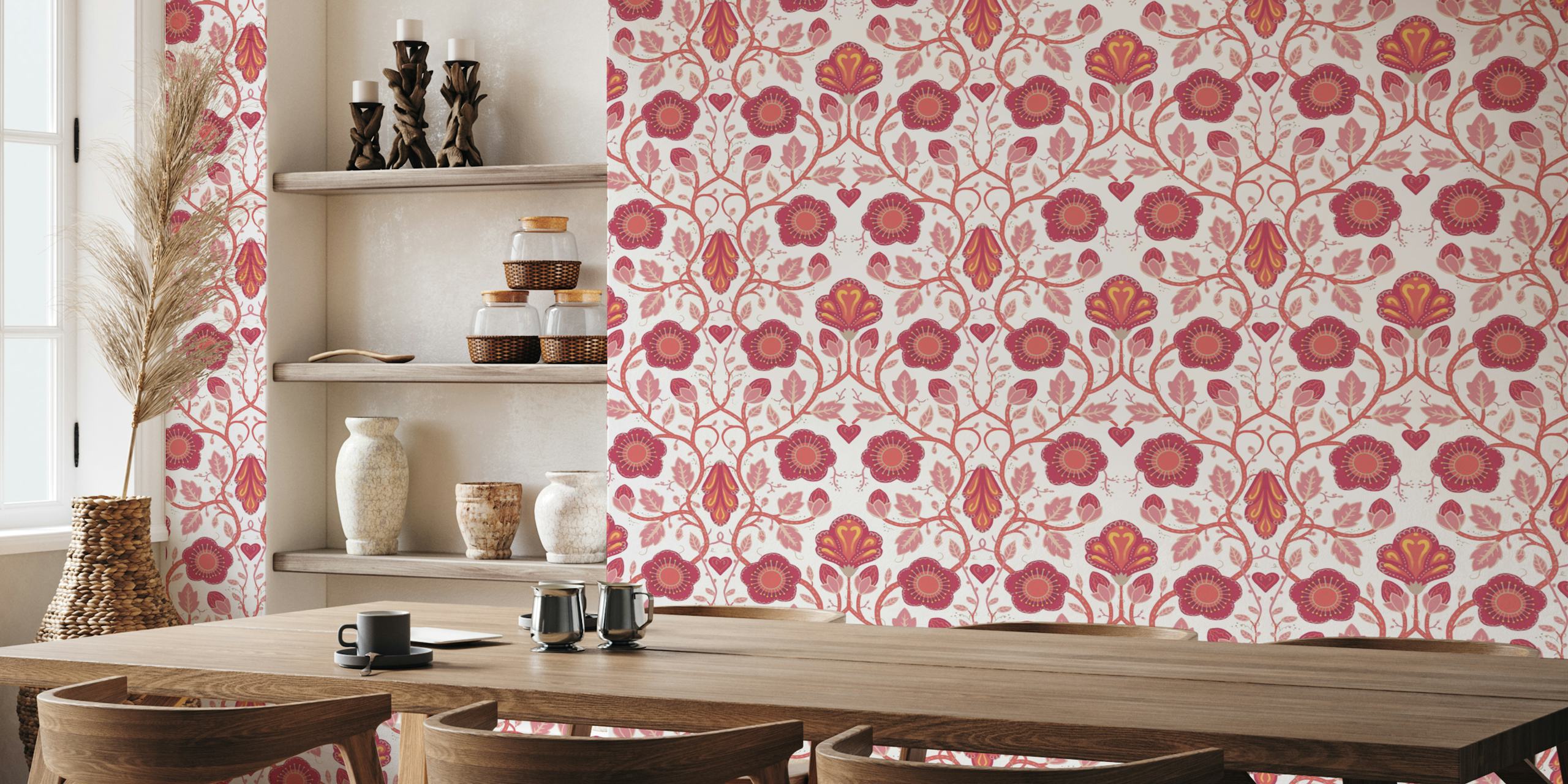 Pink floral pattern with vines and intricate leaves wallpaper