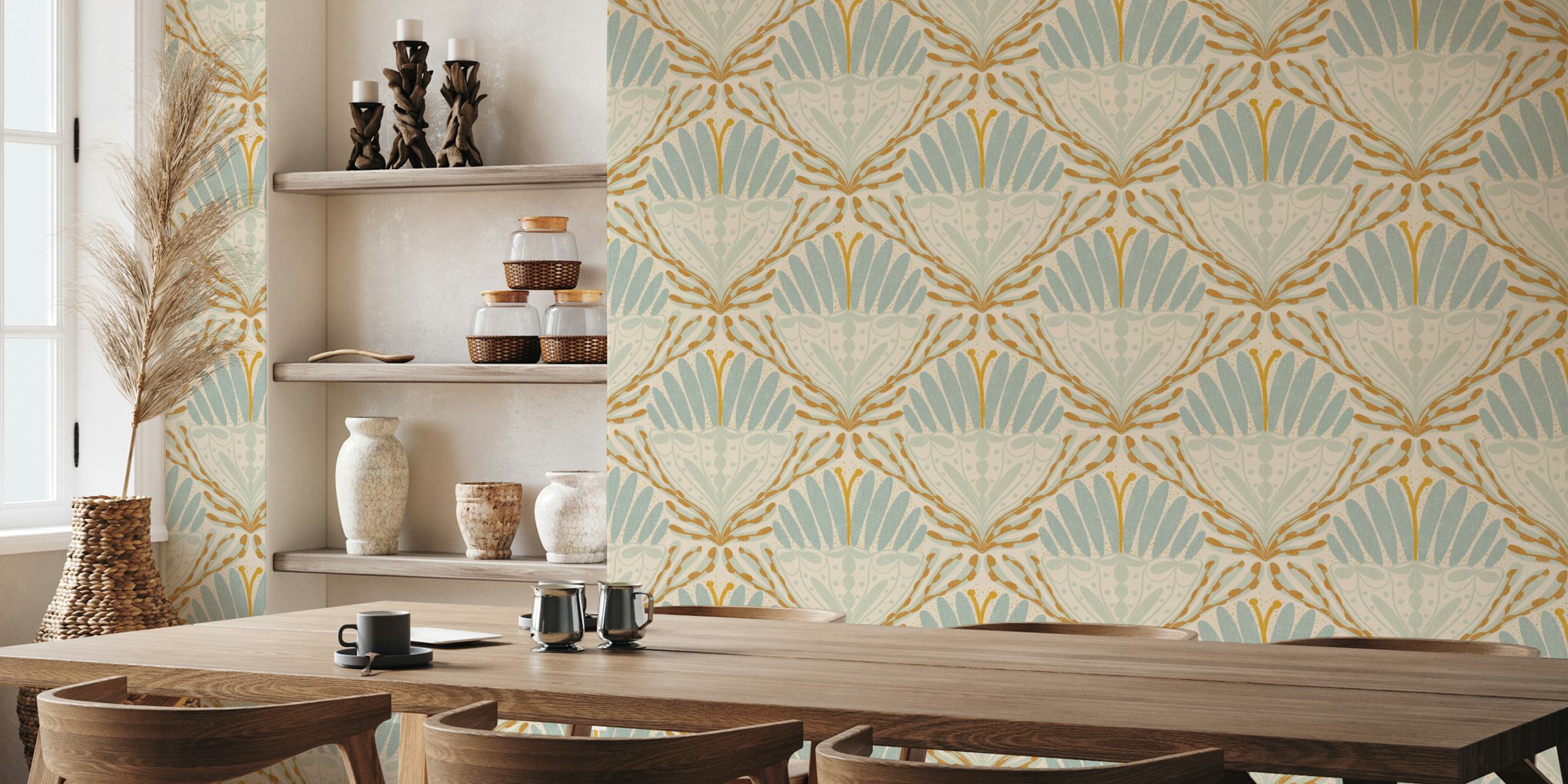 Art Deco floral pattern in blue and gold on cream wallpaper