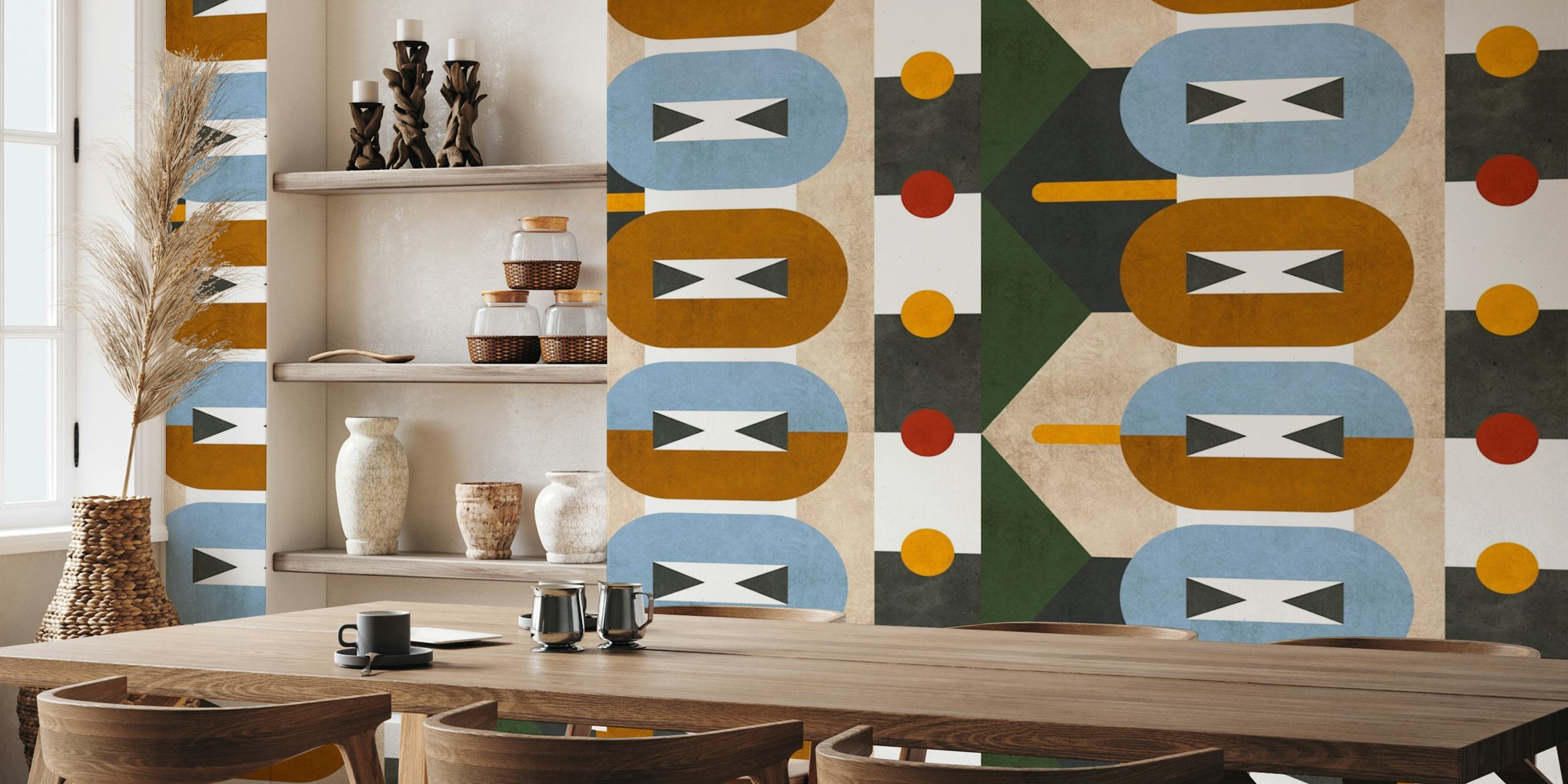 Geometric shapes in brown, blue, red, and orange wallpaper